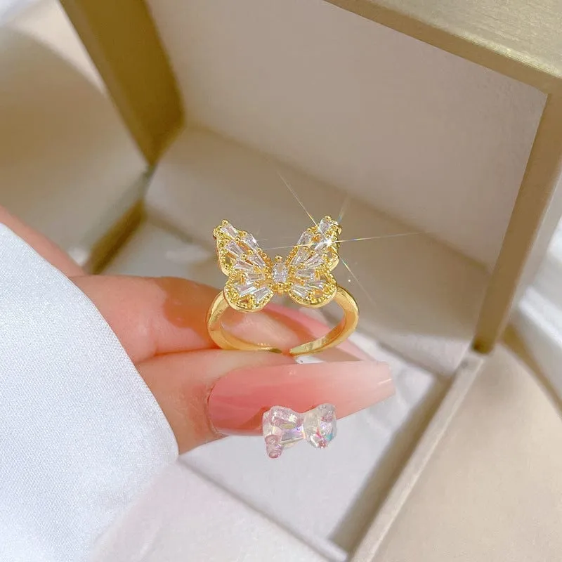Chic CZ Inlaid Hollowed-out Butterfly Ring