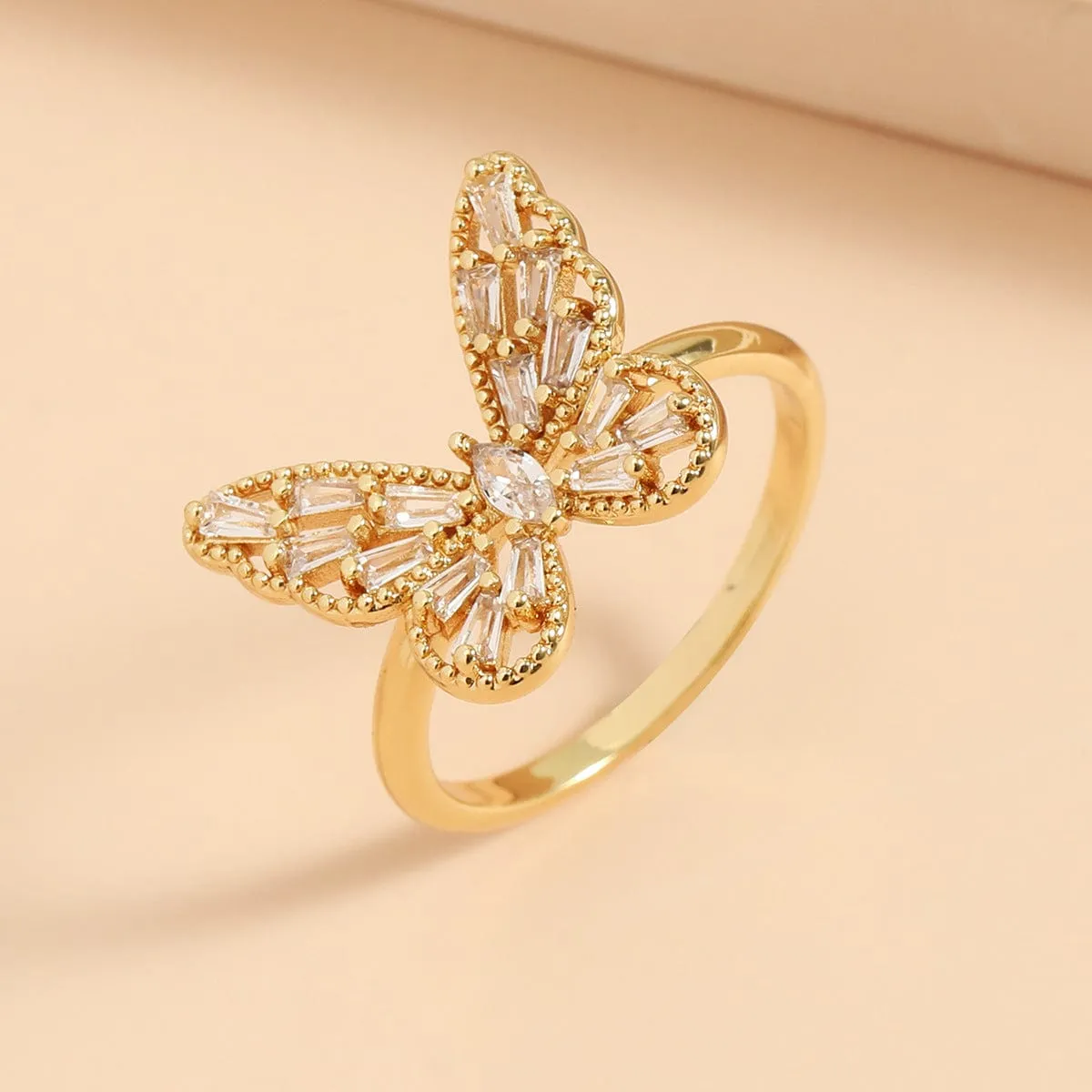 Chic CZ Inlaid Hollowed-out Butterfly Ring