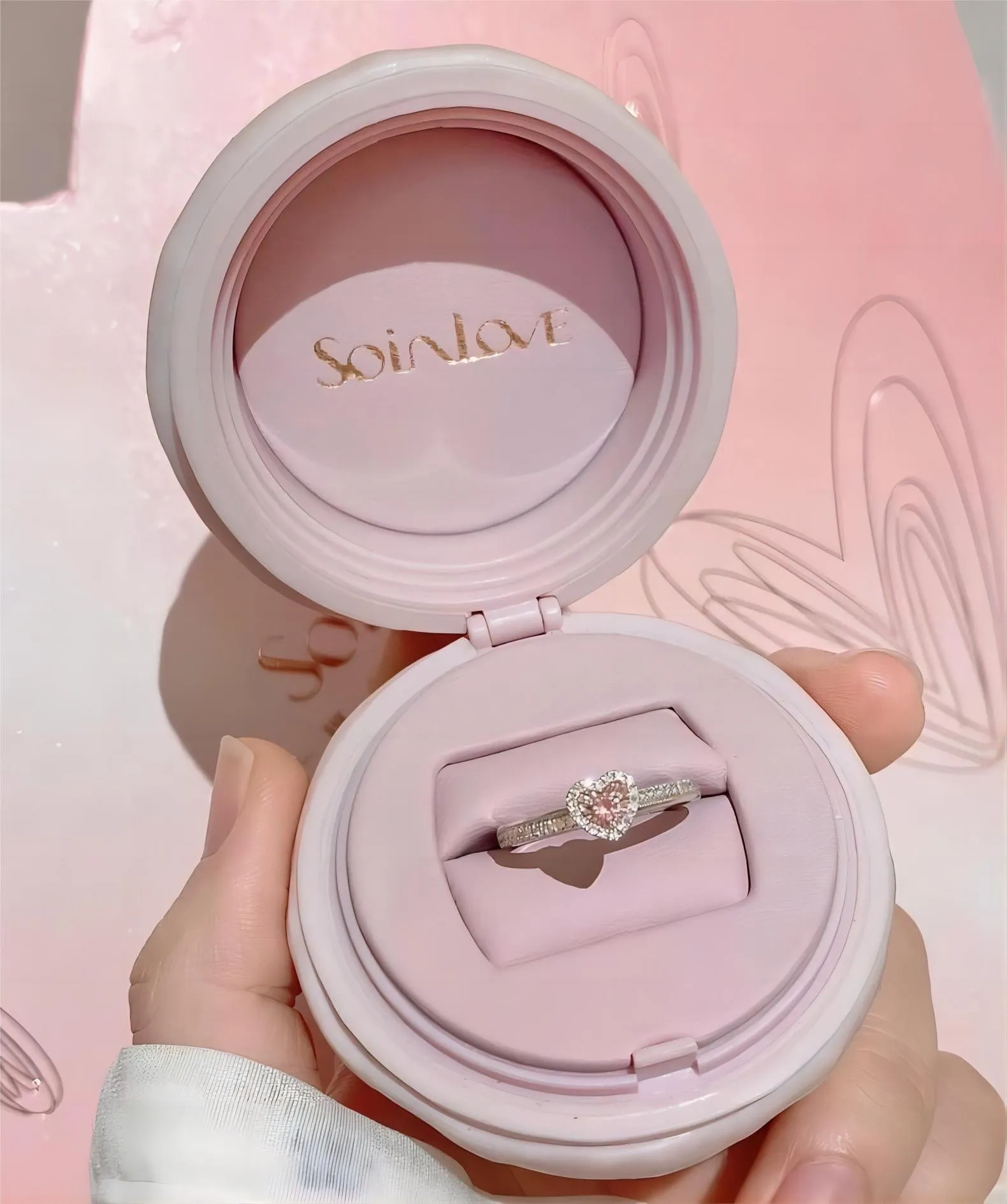 Chic CZ Inlaid Pink Crystal Heart Ring