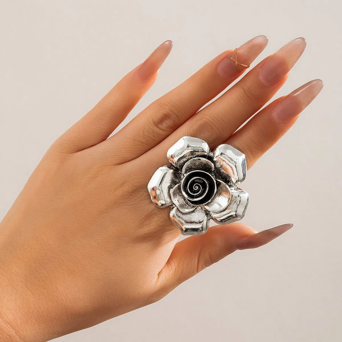 Chic Silver Tone Flower Open Ring