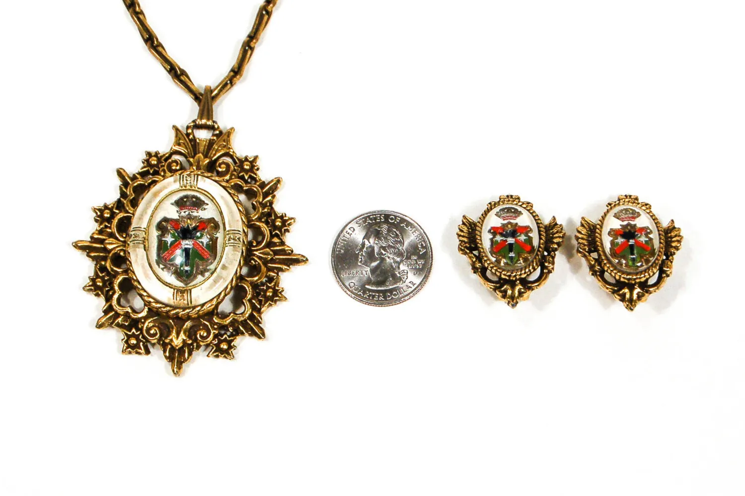 Coat of Arms Pendant Necklace and Earrings Set