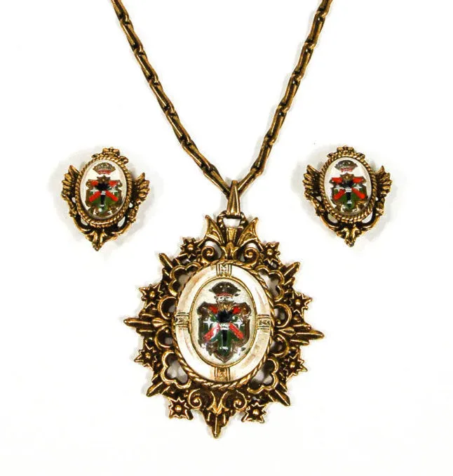 Coat of Arms Pendant Necklace and Earrings Set
