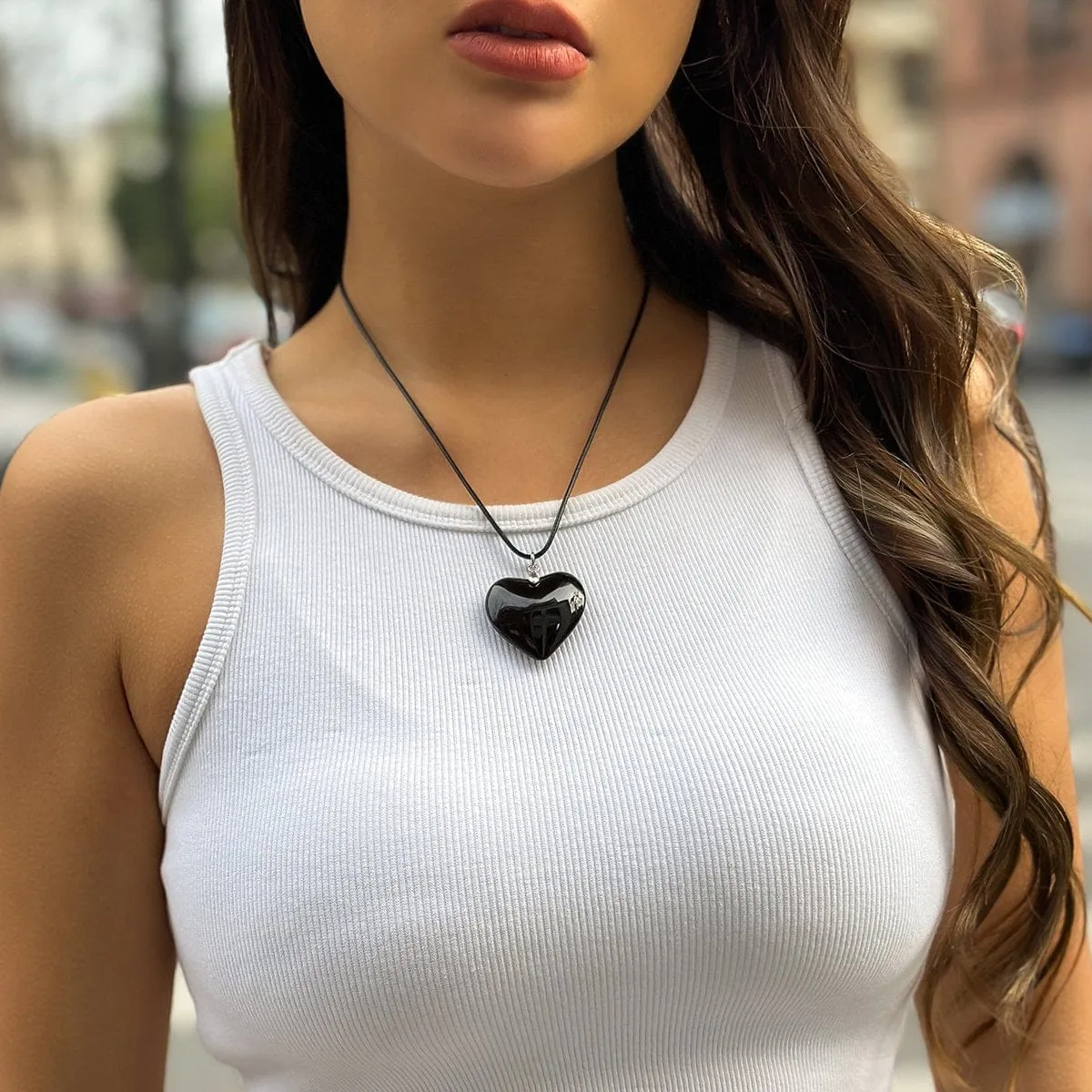 Crystal Heart Pendant Wax Cord String Choker Necklace