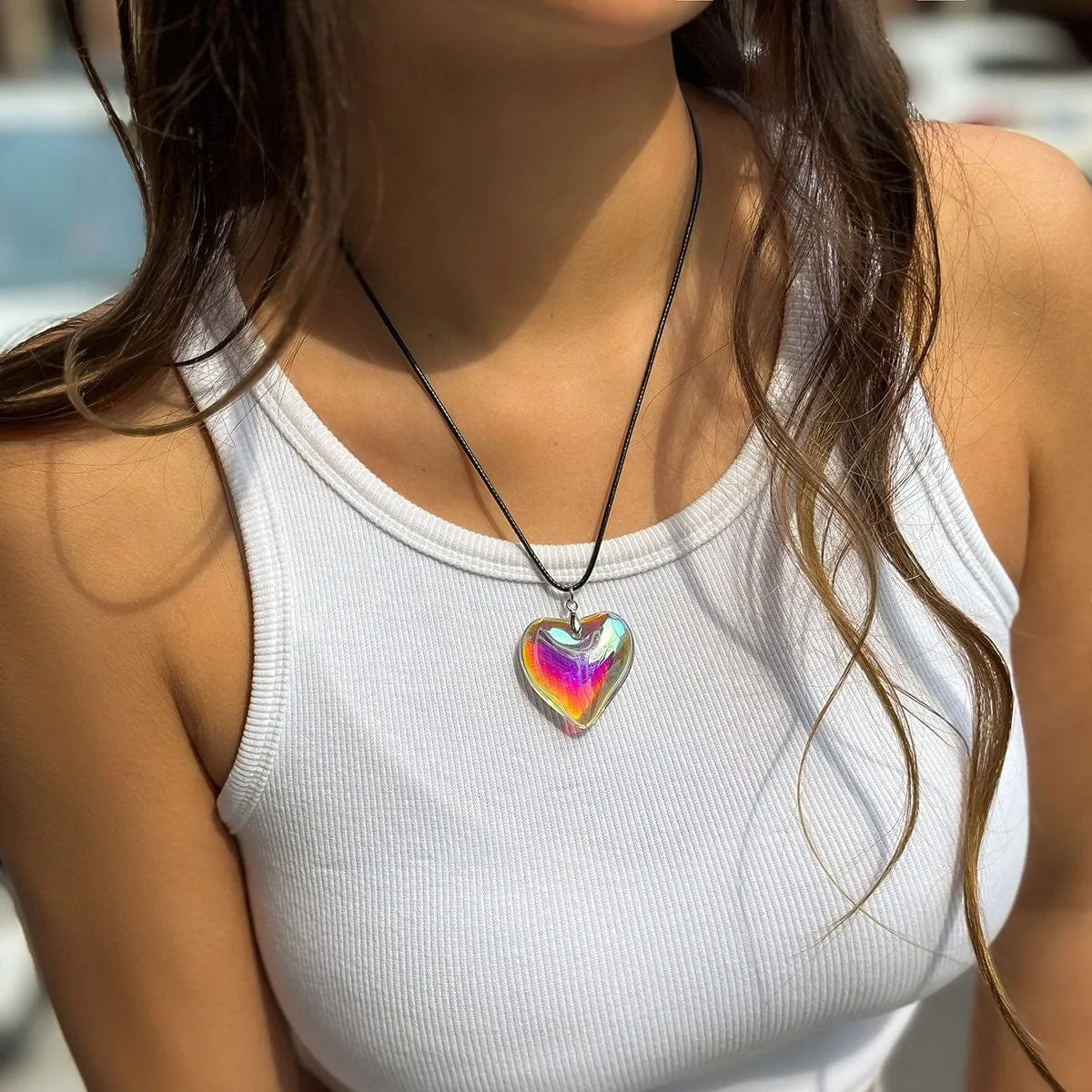 Crystal Heart Pendant Wax Cord String Choker Necklace