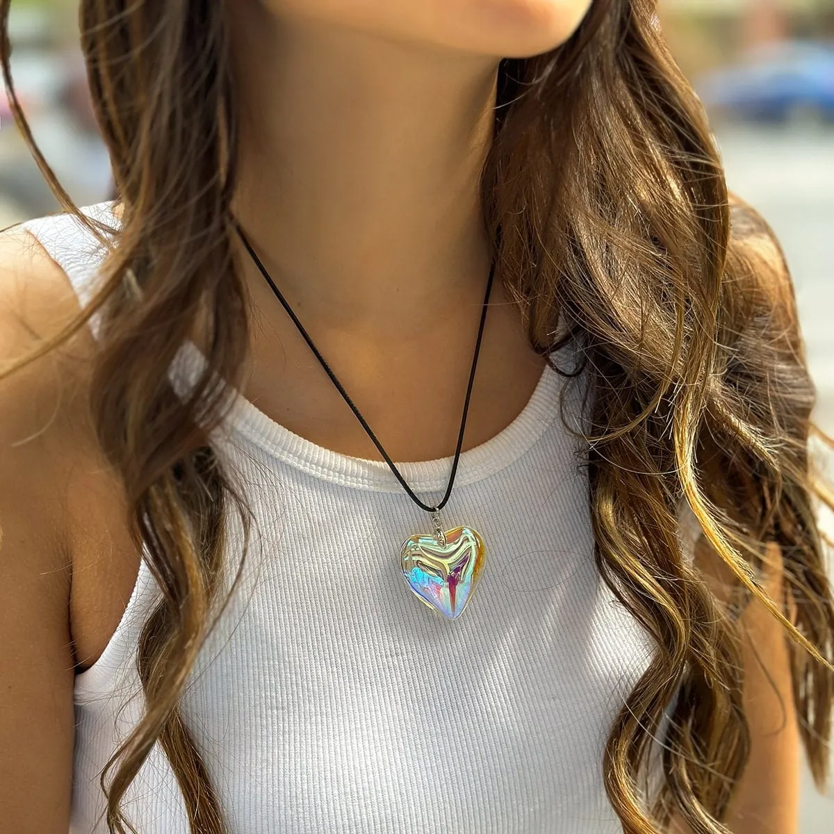 Crystal Heart Pendant Wax Cord String Choker Necklace