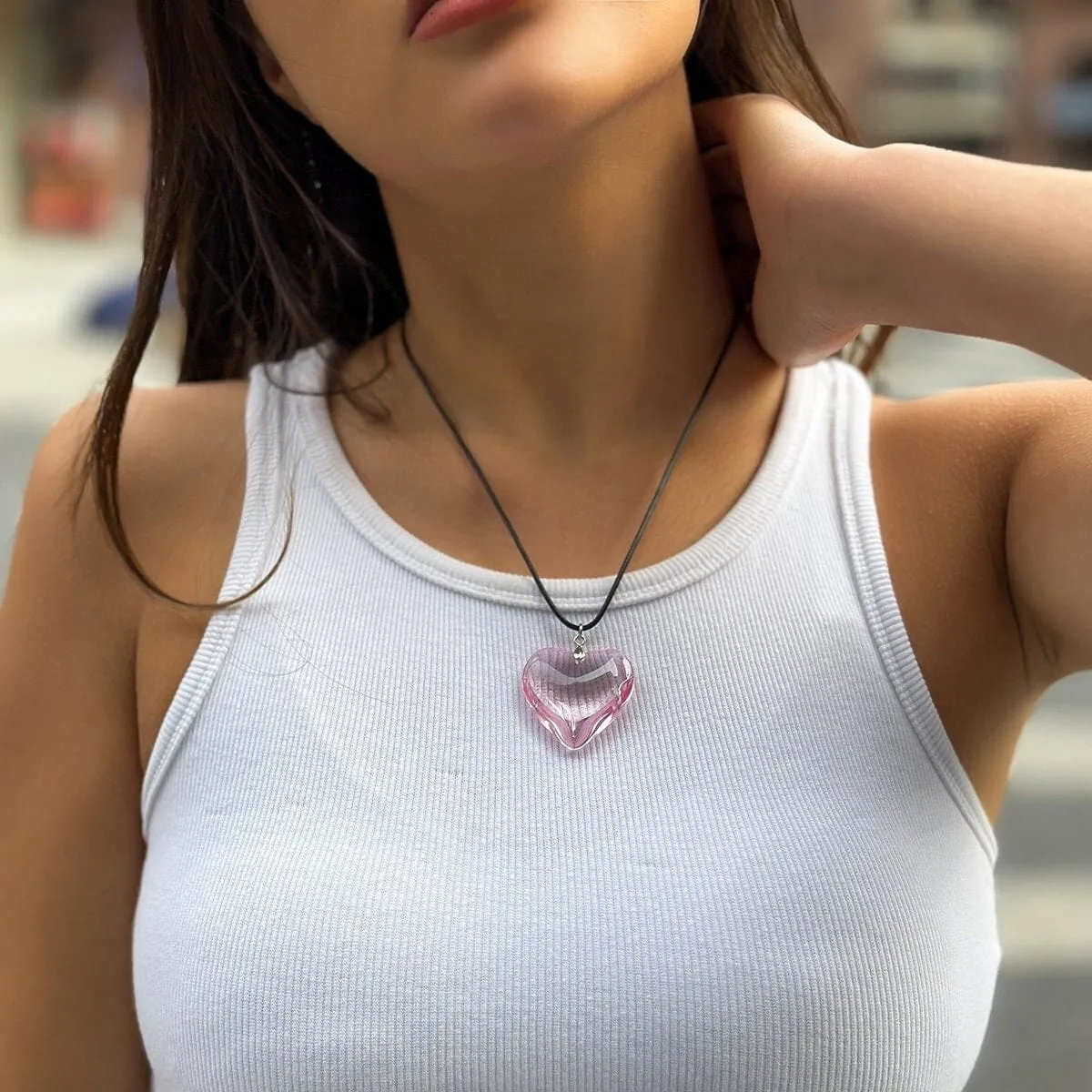 Crystal Heart Pendant Wax Cord String Choker Necklace