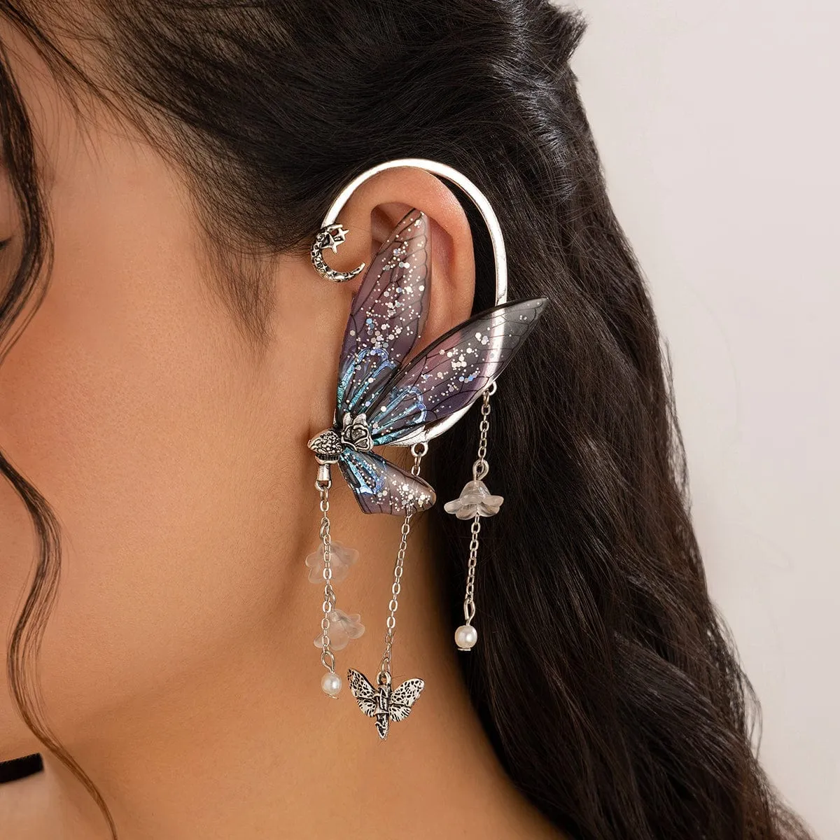 Dainty Butterfly Flower Tassel Elf Ear Cuff Wrap Earring