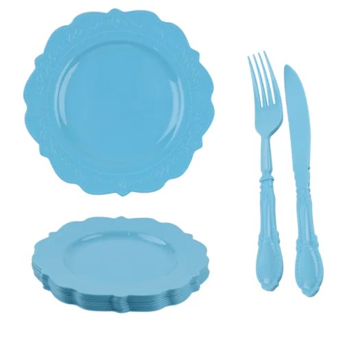 Elegant Blue Tableware Bundle, Dinner Plates, Dessert Plates, Cutlery, Disposable Partyware for 20 guests, 88 total pieces