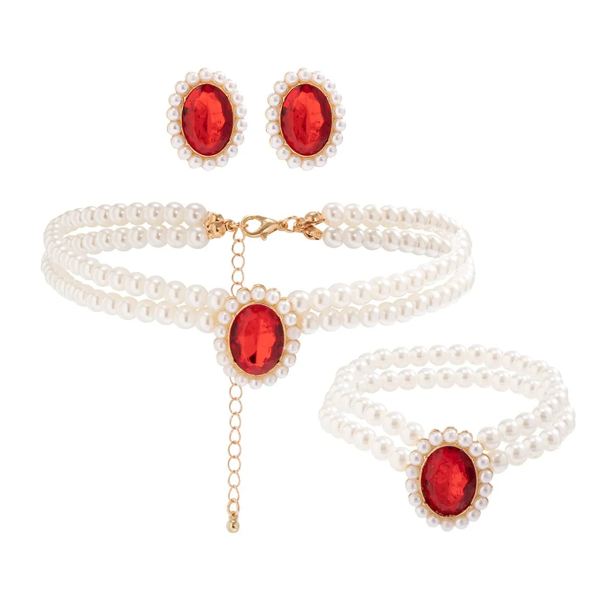 Elegant Emerald CZ Inlaid Pearl Chain Choker Necklace Bracelet Earrings Set