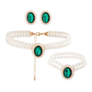 Elegant Emerald CZ Inlaid Pearl Chain Choker Necklace Bracelet Earrings Set
