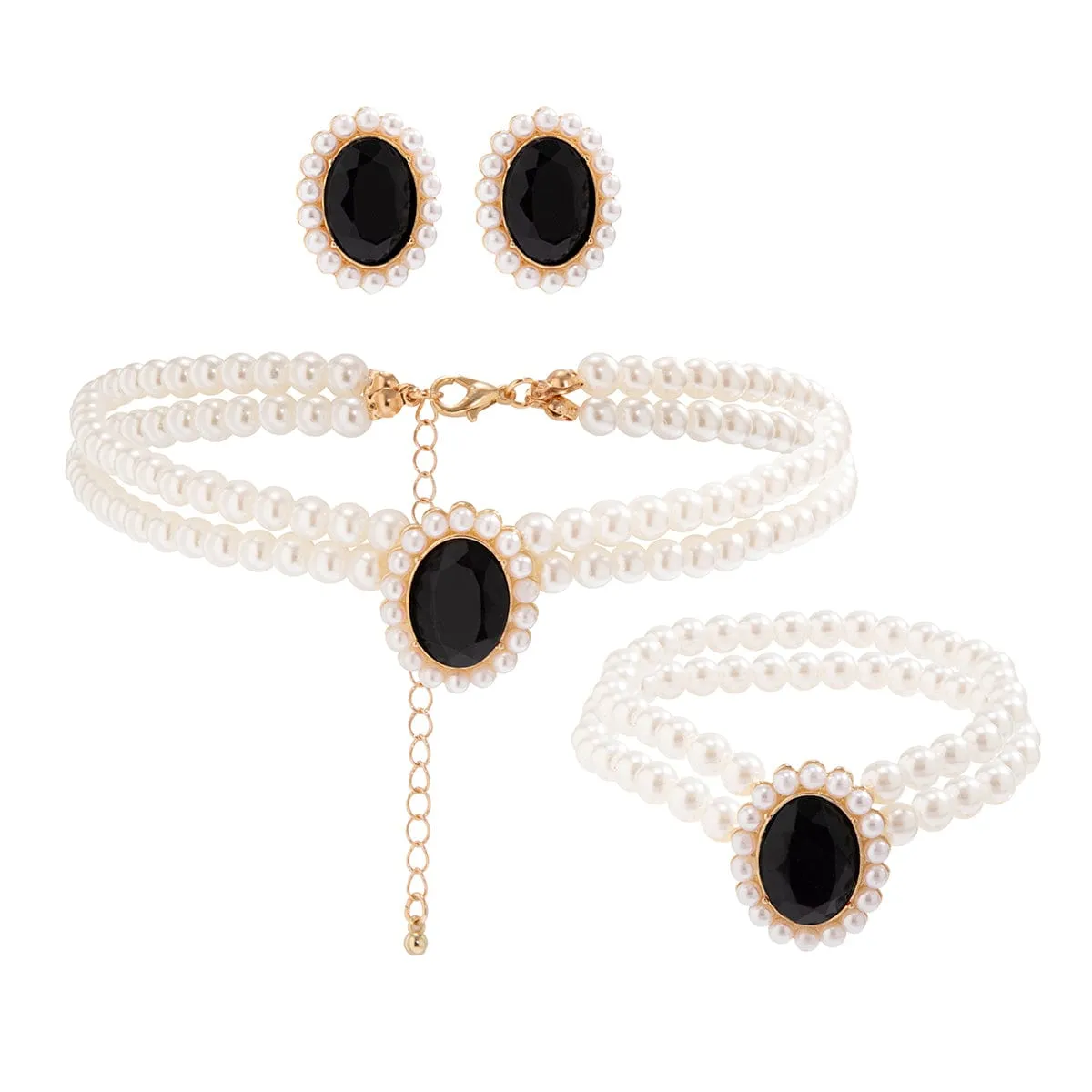 Elegant Emerald CZ Inlaid Pearl Chain Choker Necklace Bracelet Earrings Set