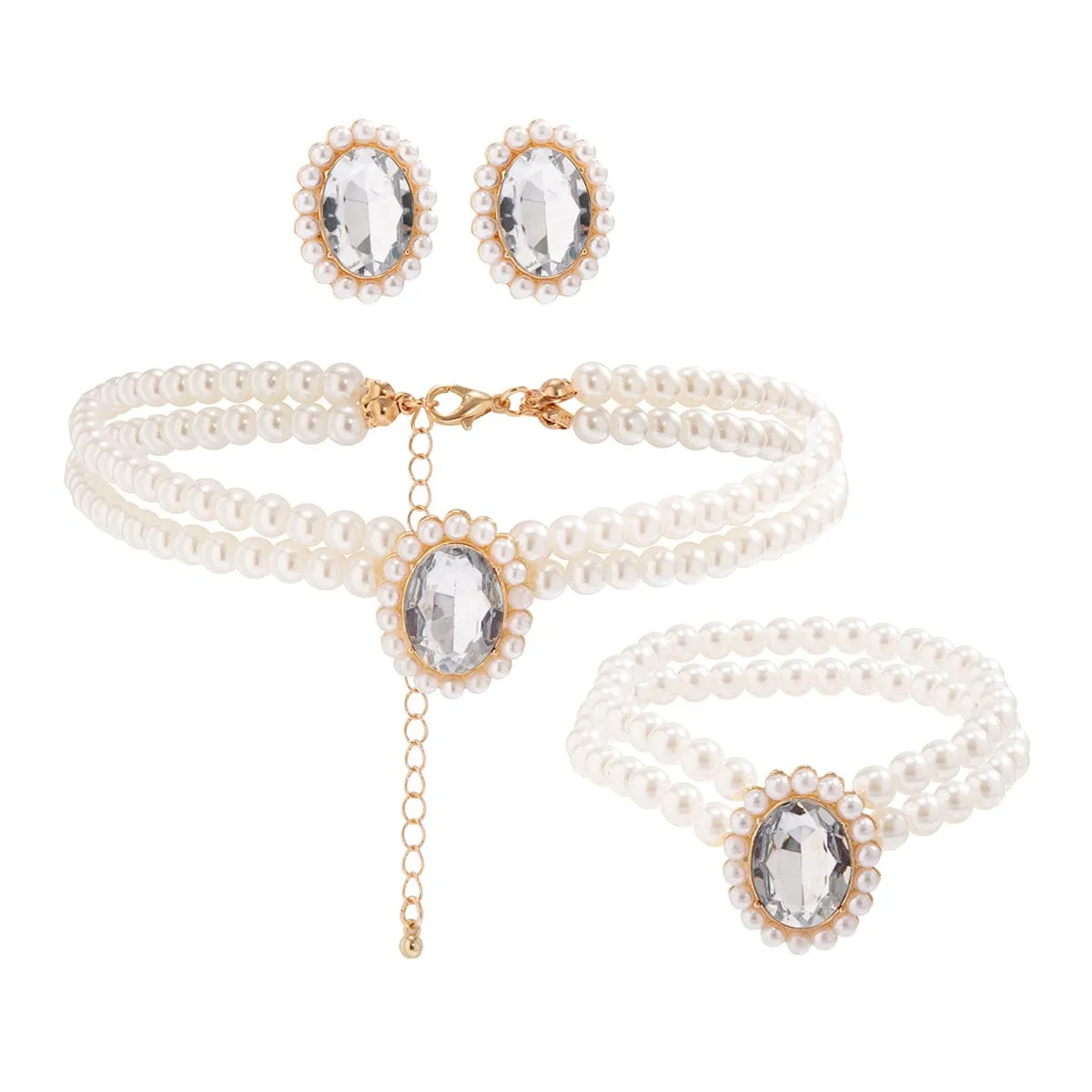 Elegant Emerald CZ Inlaid Pearl Chain Choker Necklace Bracelet Earrings Set