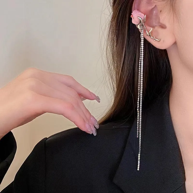 Elegant Enamel Rose Flower Box Chain Tassel Ear Cuff Earrings