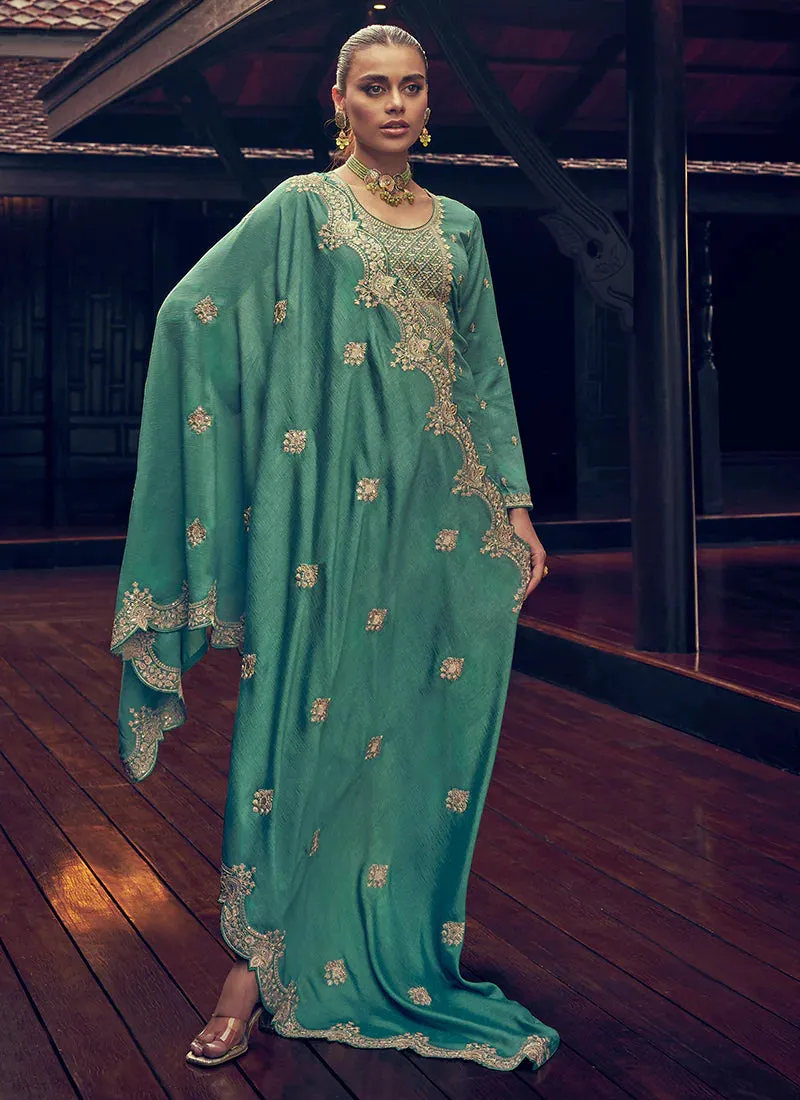 Elegant Green Embroidered Straight Pant Suit