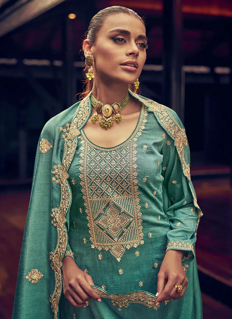 Elegant Green Embroidered Straight Pant Suit
