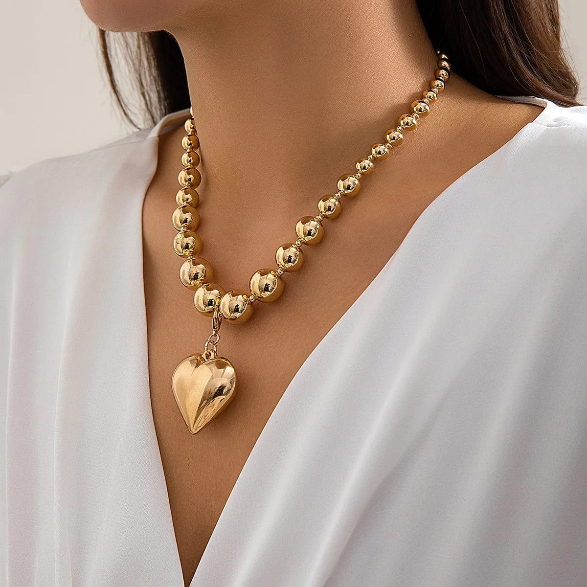 Elegant Heart Pendant Ball Chain Choker Necklace