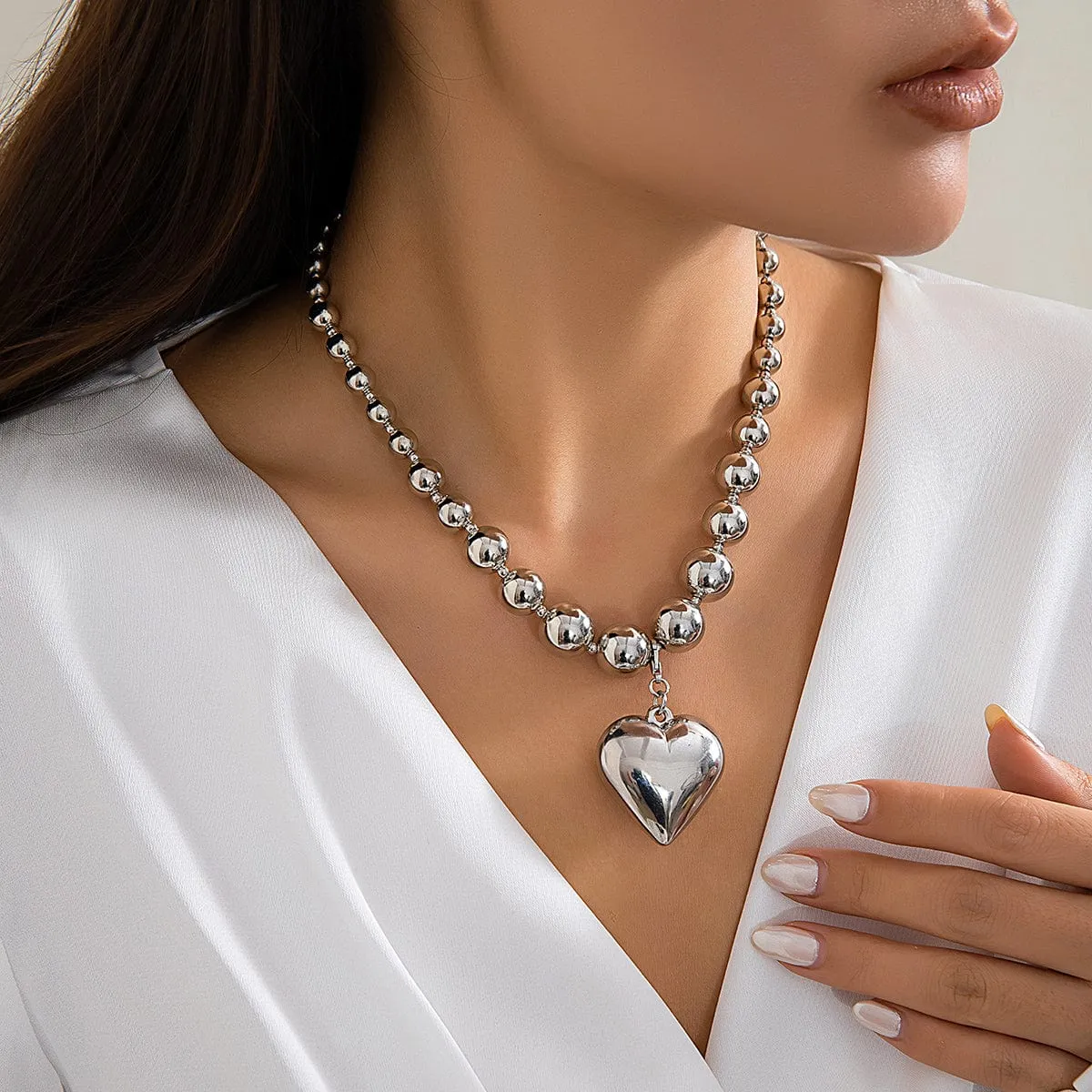 Elegant Heart Pendant Ball Chain Choker Necklace