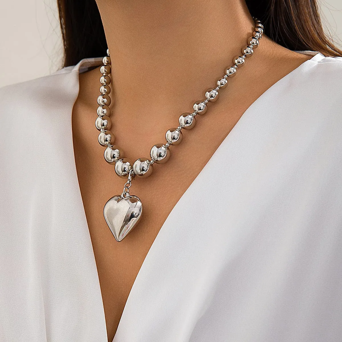Elegant Heart Pendant Ball Chain Choker Necklace