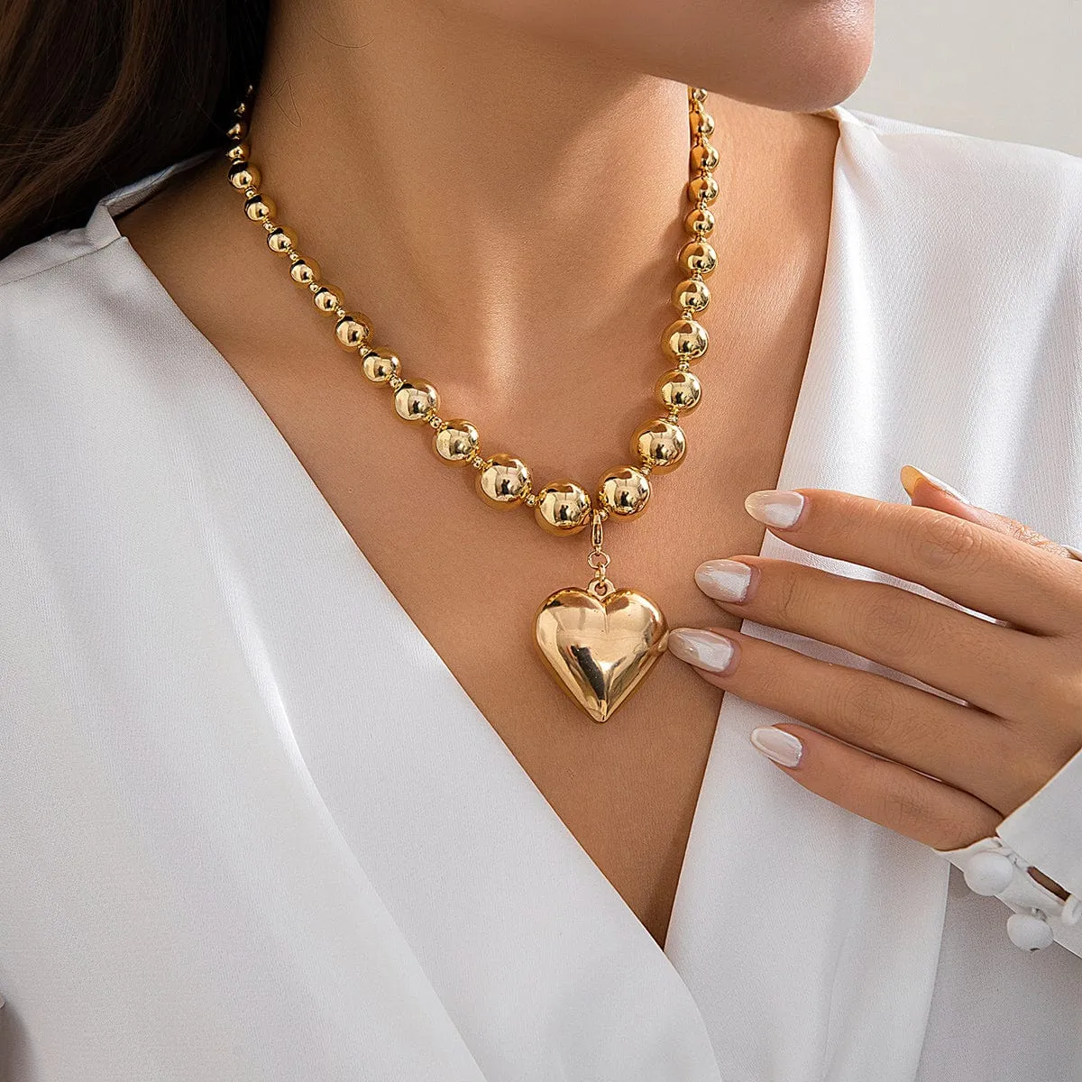 Elegant Heart Pendant Ball Chain Choker Necklace