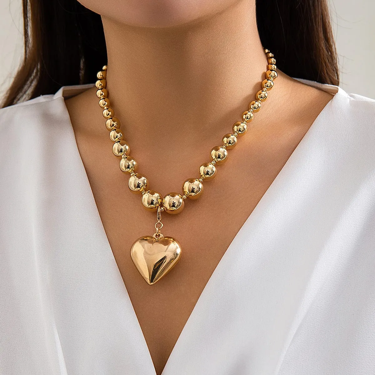 Elegant Heart Pendant Ball Chain Choker Necklace