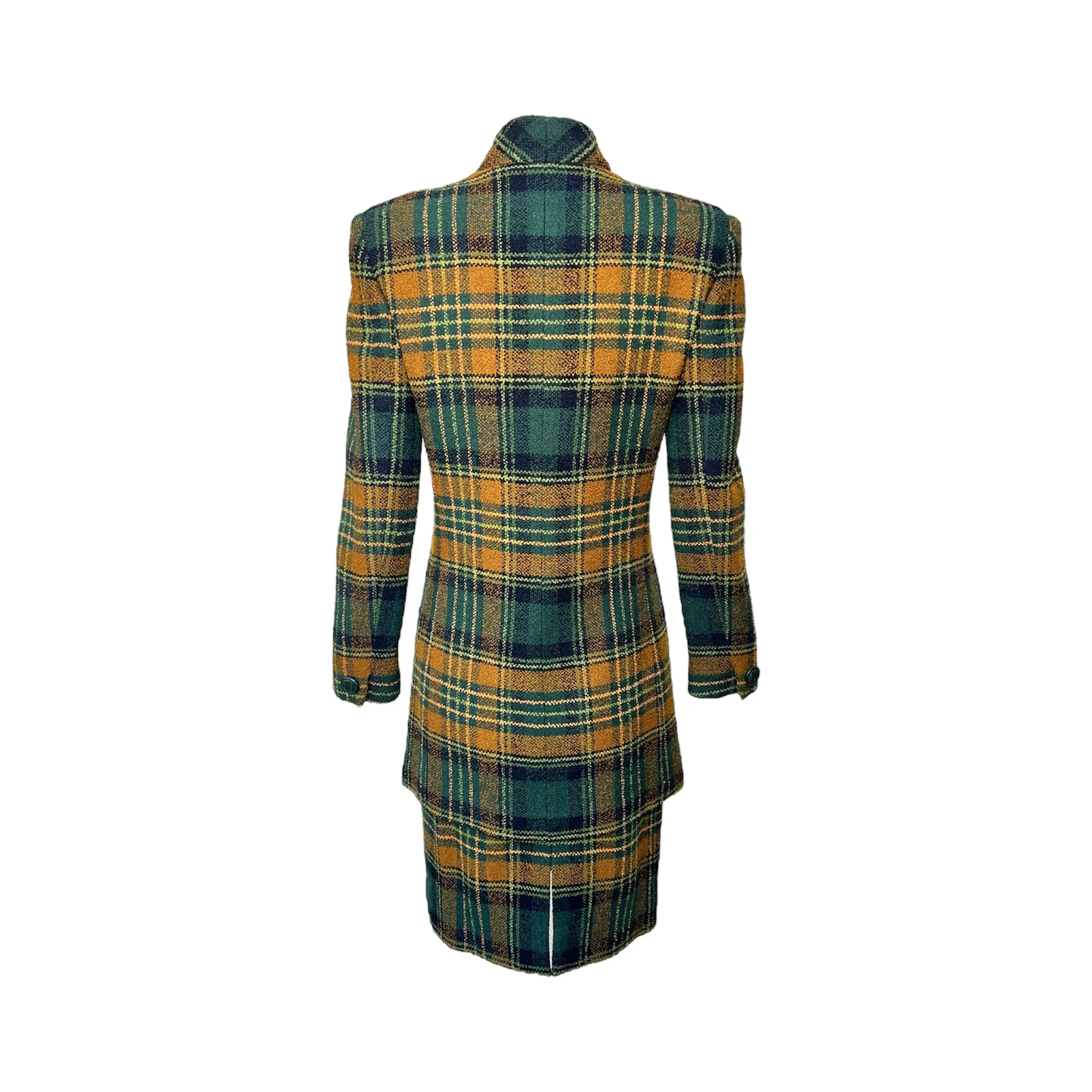 Emanuel Ungaro 1990's Green and Yellow Plaid High Collar Skirt Suit