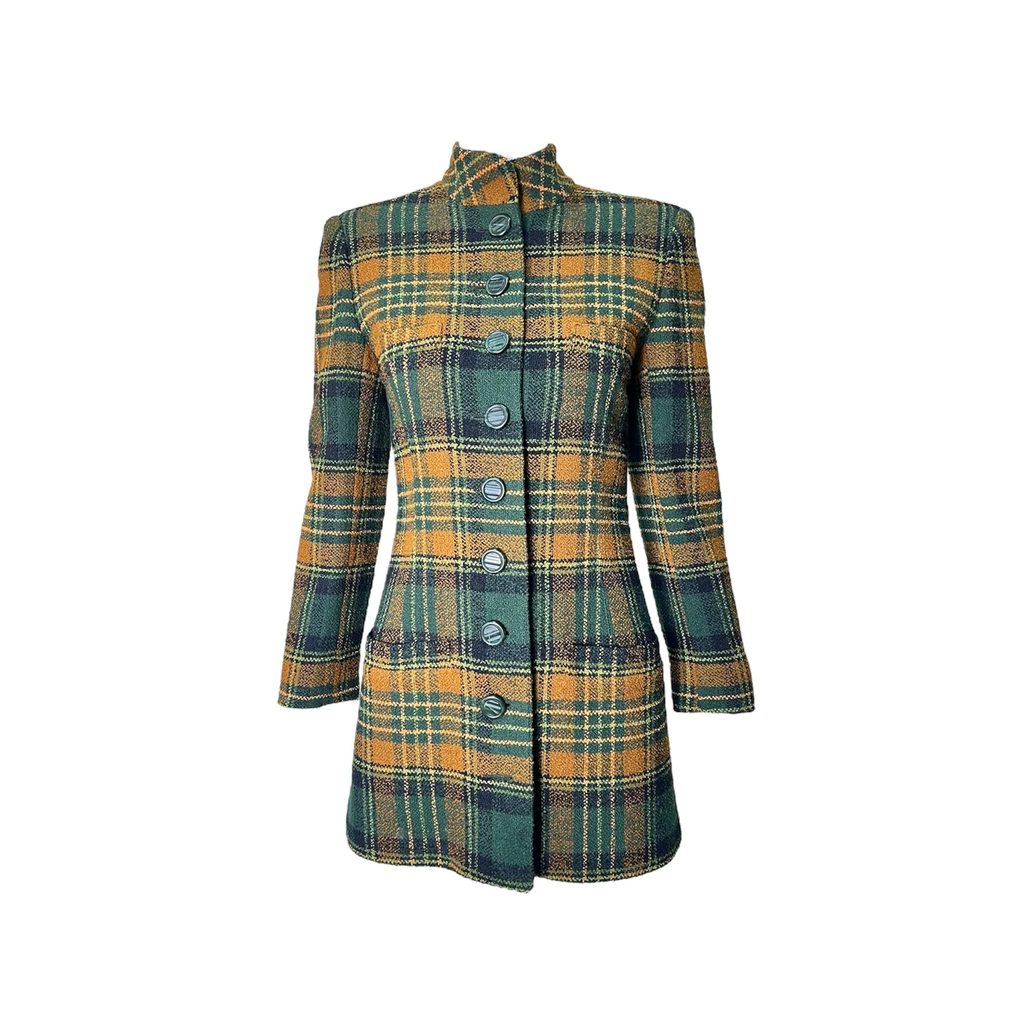 Emanuel Ungaro 1990's Green and Yellow Plaid High Collar Skirt Suit
