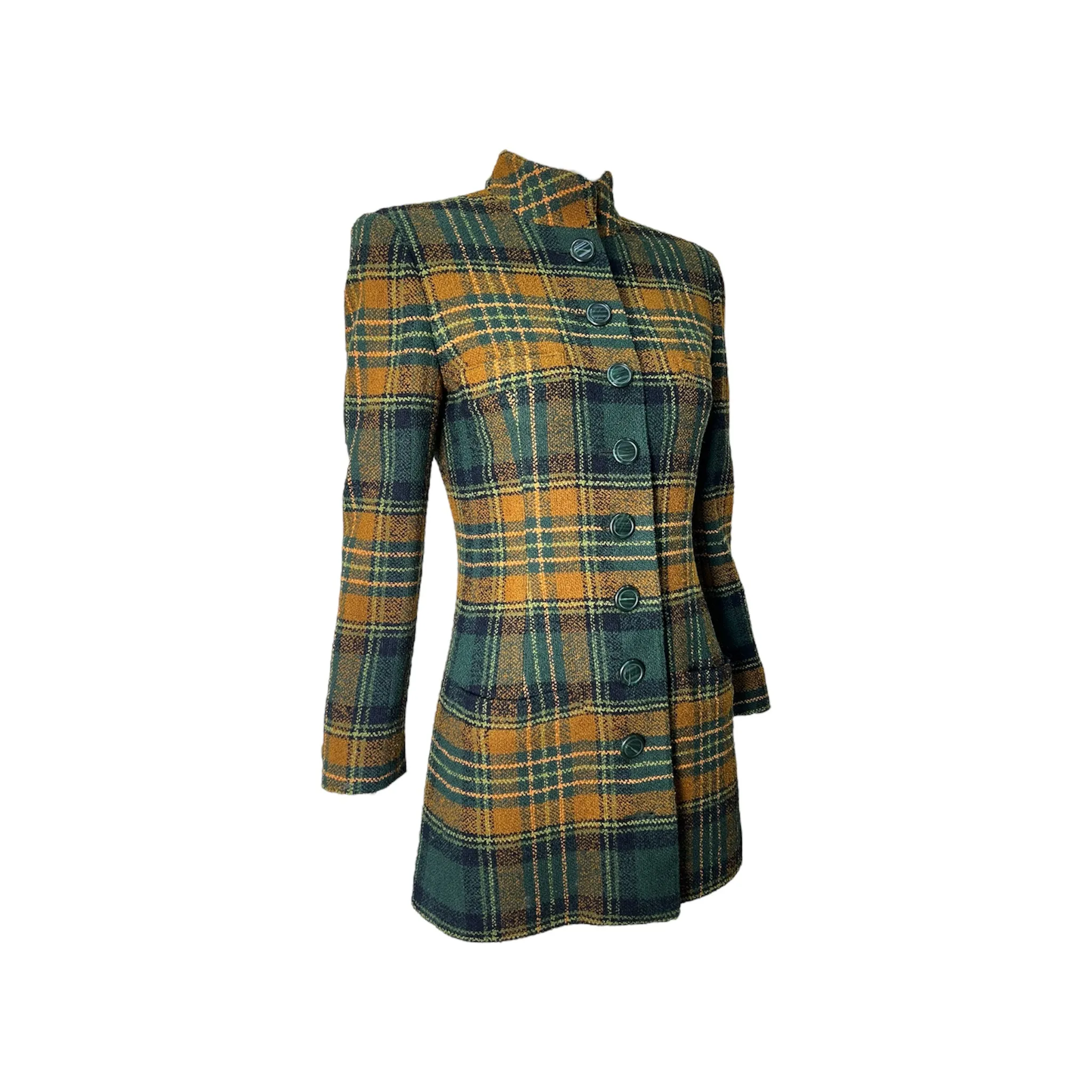 Emanuel Ungaro 1990's Green and Yellow Plaid High Collar Skirt Suit