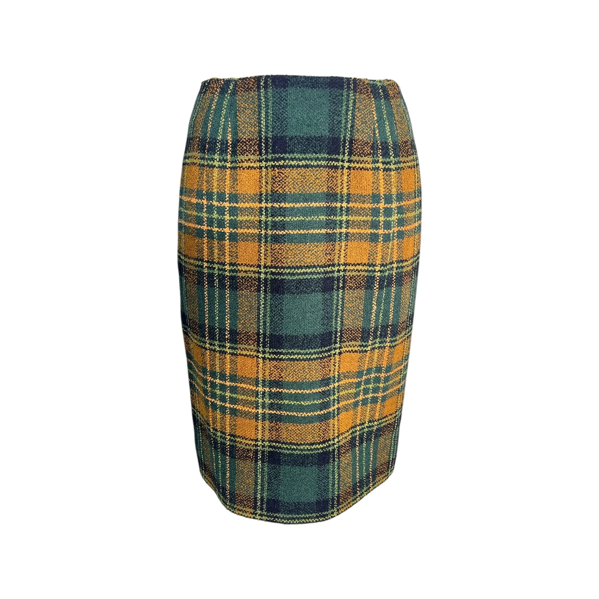Emanuel Ungaro 1990's Green and Yellow Plaid High Collar Skirt Suit