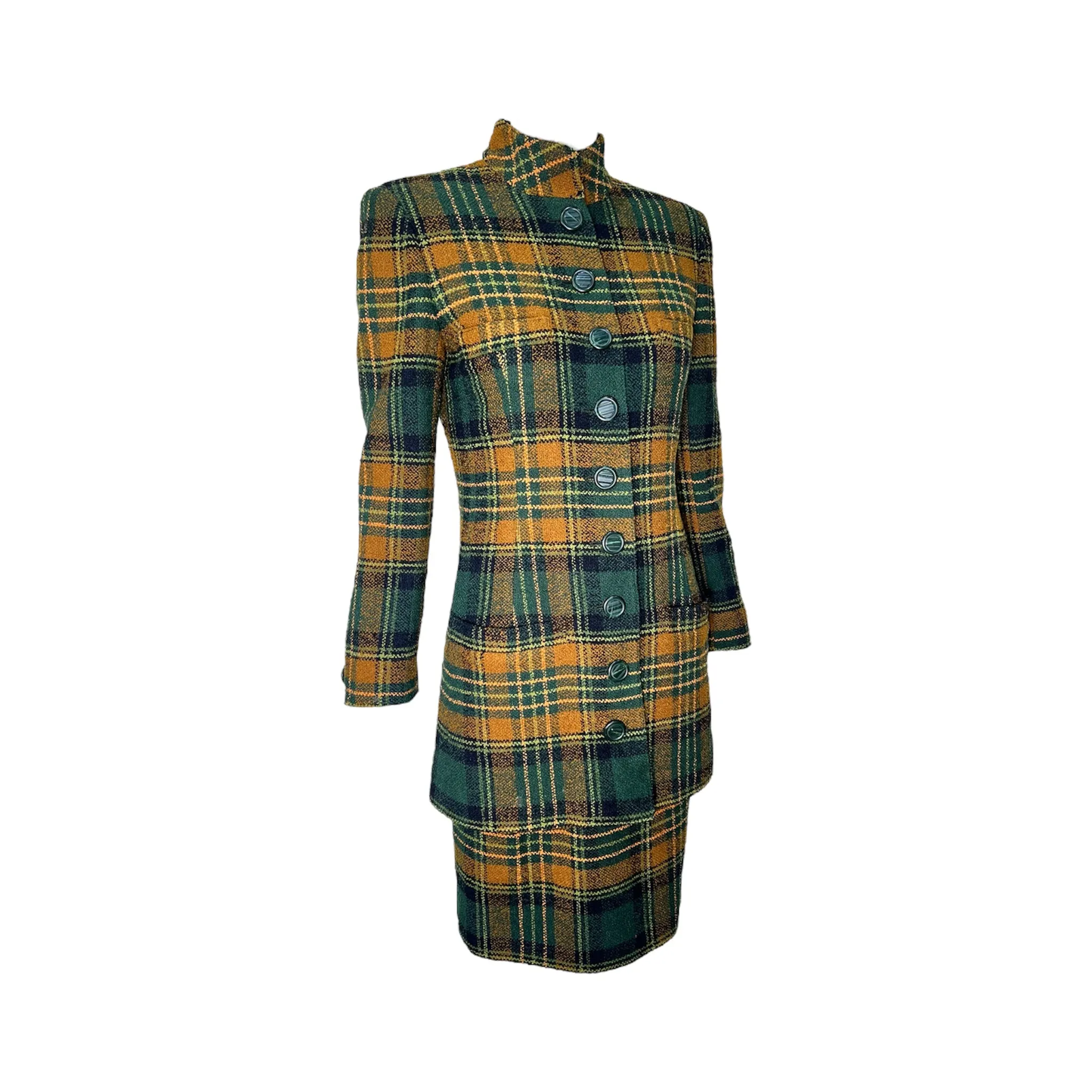 Emanuel Ungaro 1990's Green and Yellow Plaid High Collar Skirt Suit
