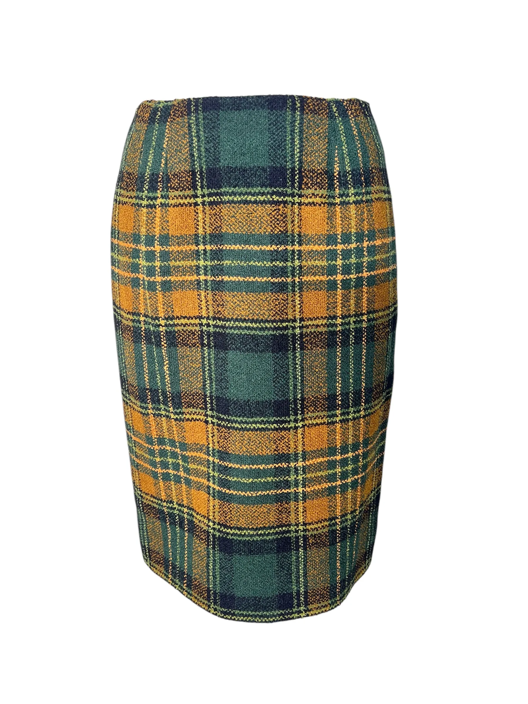 Emanuel Ungaro 1990's Green and Yellow Plaid High Collar Skirt Suit