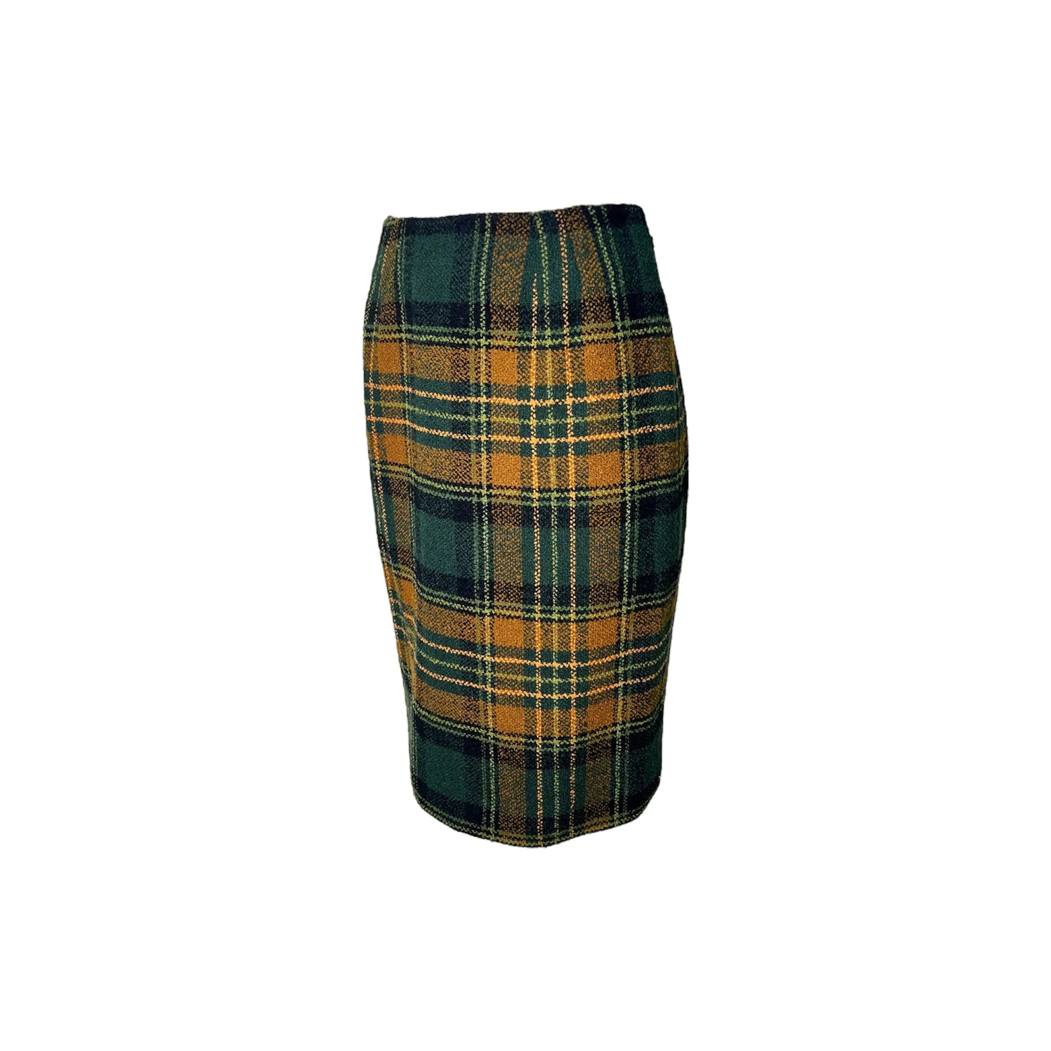 Emanuel Ungaro 1990's Green and Yellow Plaid High Collar Skirt Suit