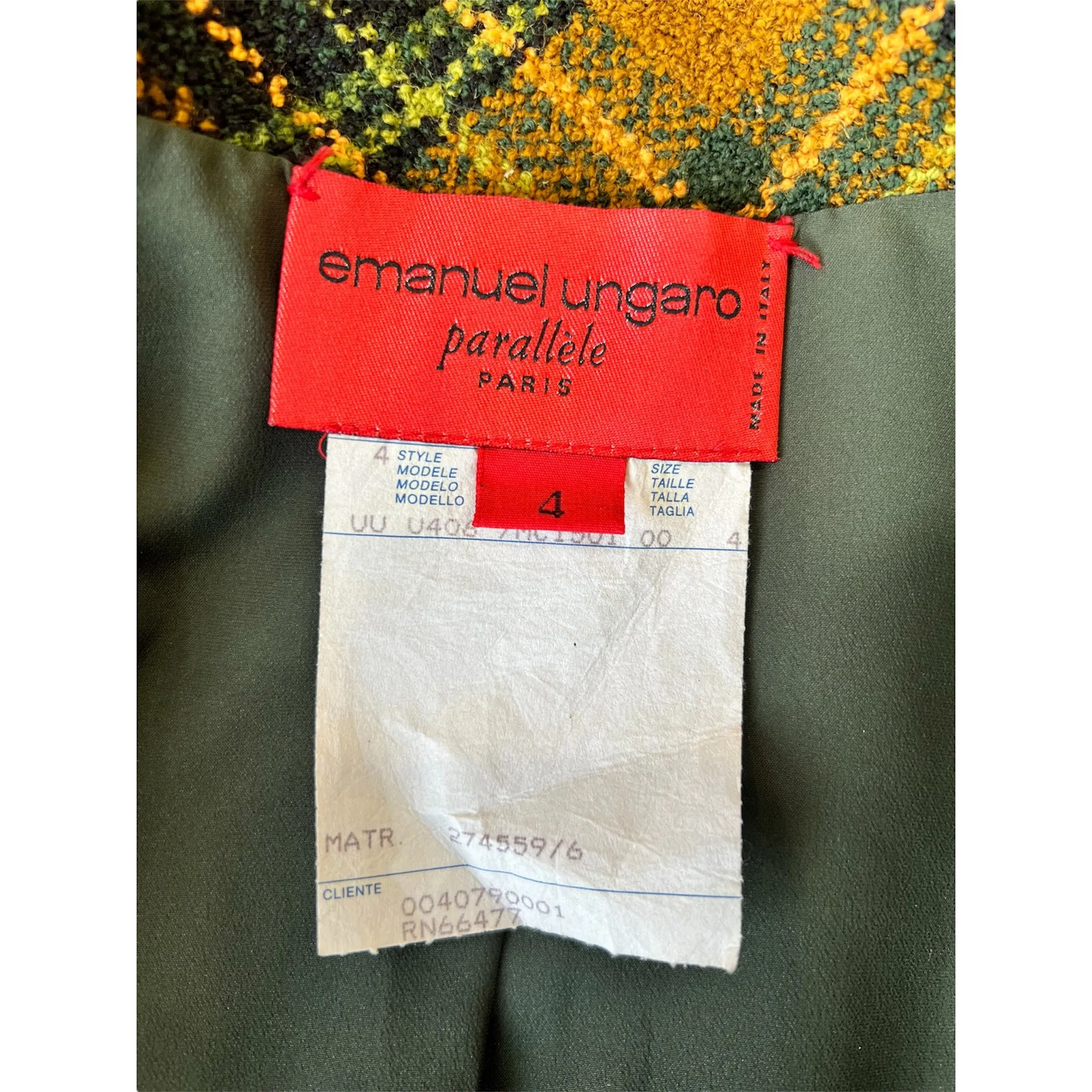 Emanuel Ungaro 1990's Green and Yellow Plaid High Collar Skirt Suit