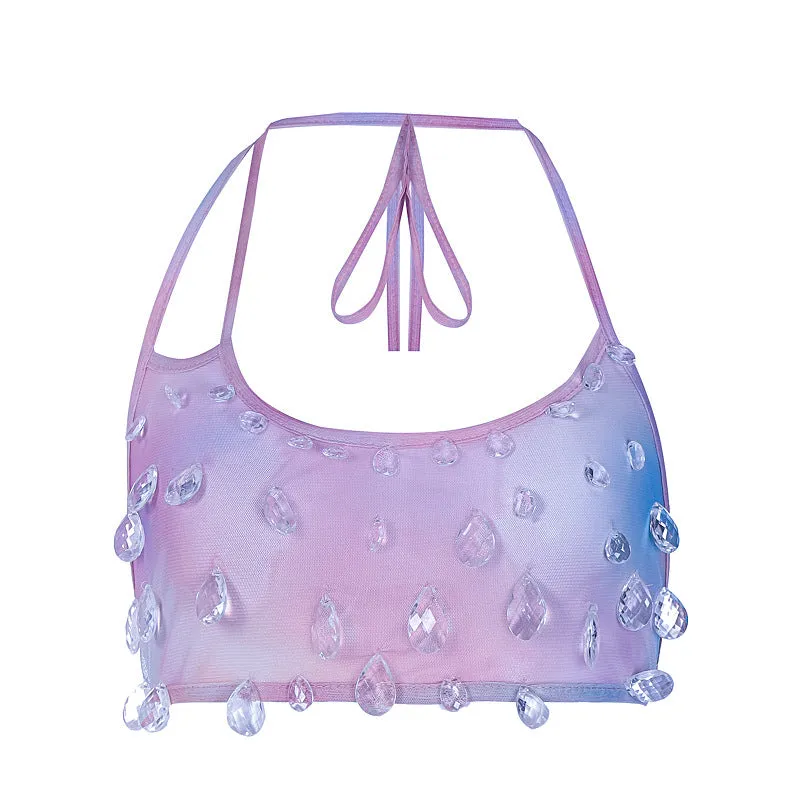 European and American Style Hot Girl Clothing New Street Style Women's Clothing Sexy Mesh Halter Stitching Water Drop Decoration Small Sling Generation Hair