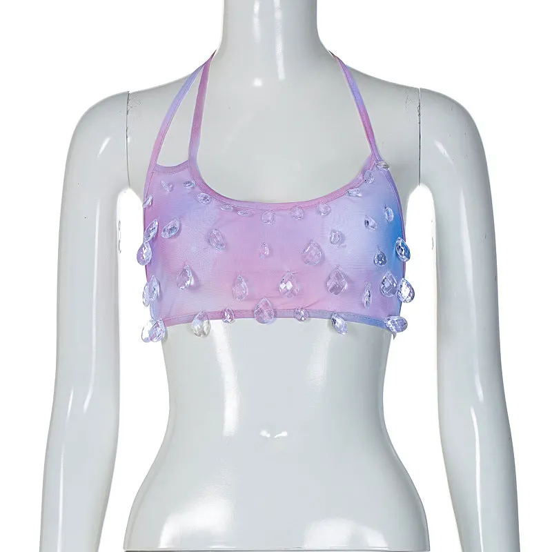 European and American Style Hot Girl Clothing New Street Style Women's Clothing Sexy Mesh Halter Stitching Water Drop Decoration Small Sling Generation Hair
