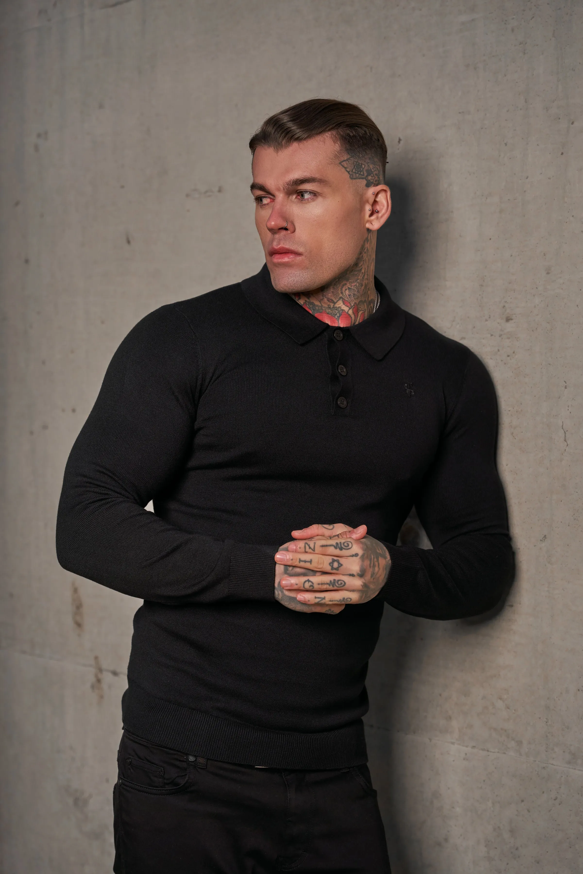 Father Sons Classic Black Knitted Polo Jumper Long Sleeve With Tonal FS Embroidery- FSN139