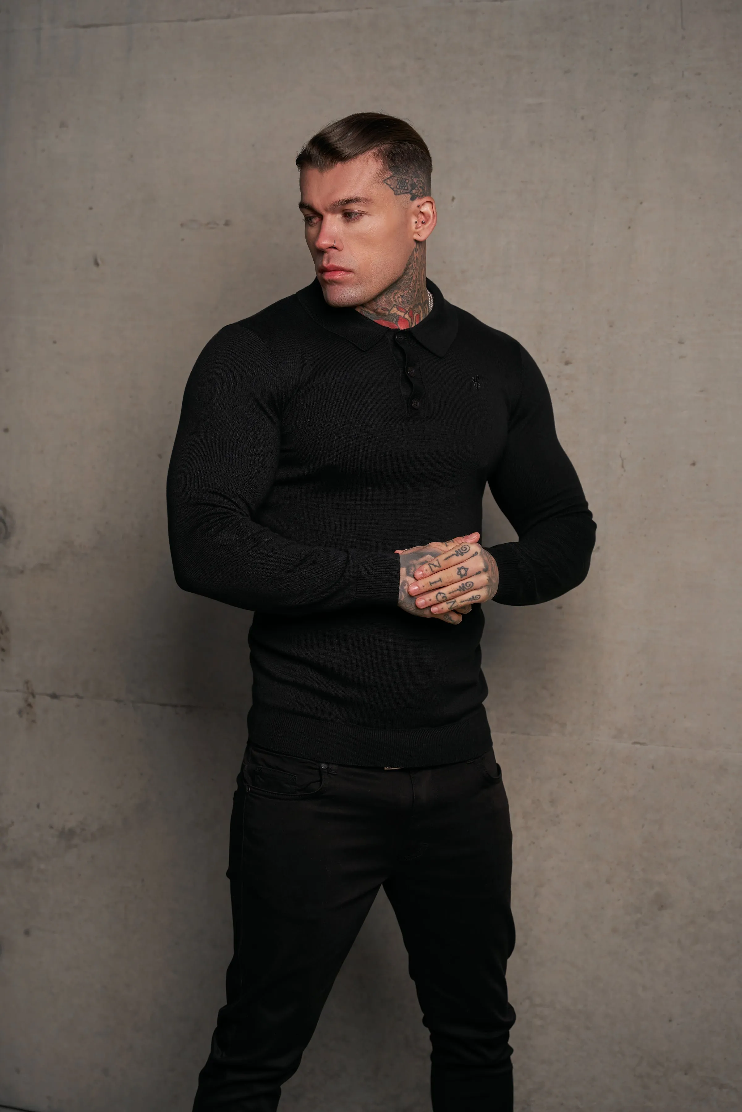 Father Sons Classic Black Knitted Polo Jumper Long Sleeve With Tonal FS Embroidery- FSN139