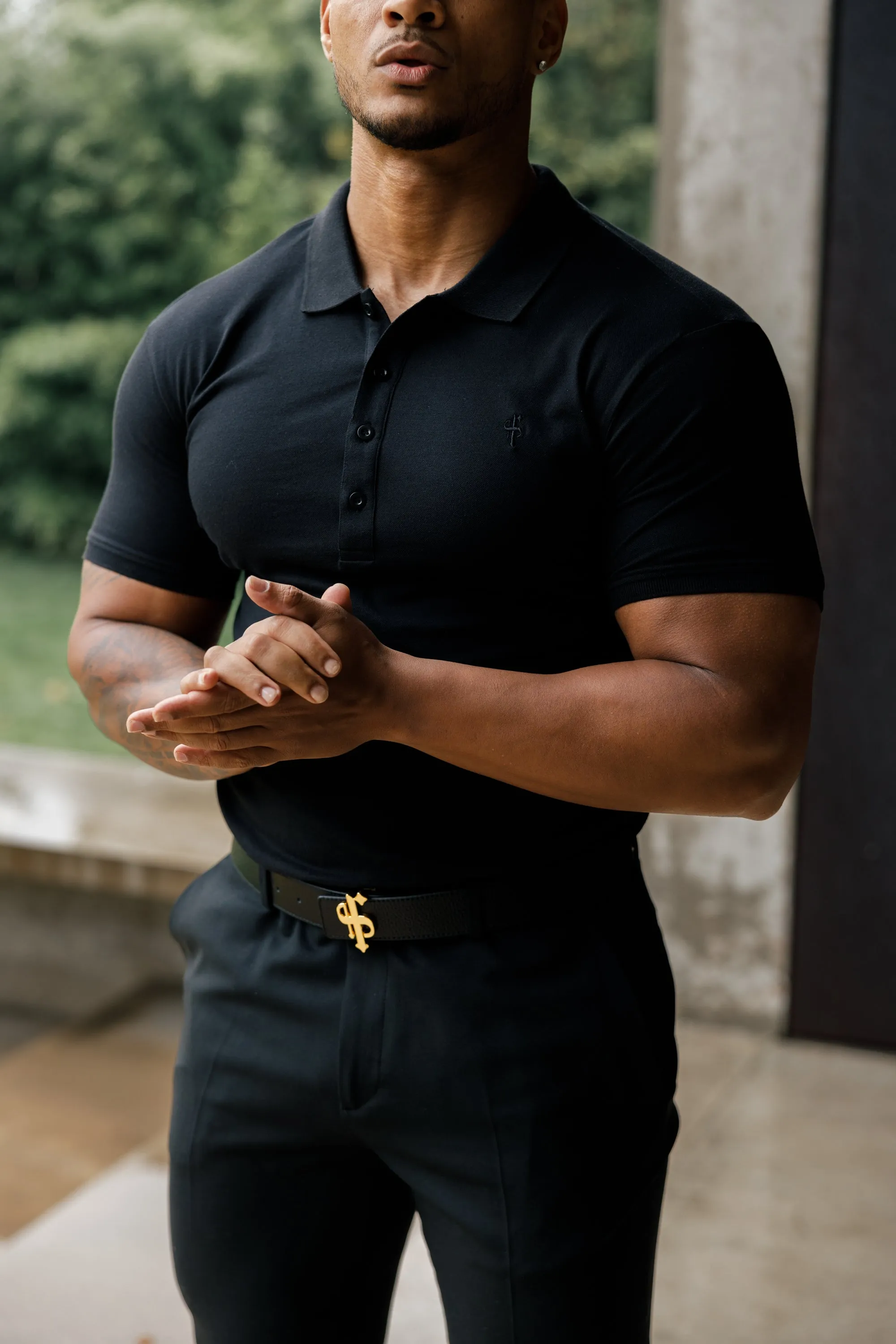 Father Sons Classic Black Polo Shirt with Tonal Button and Embroidery - FSH824