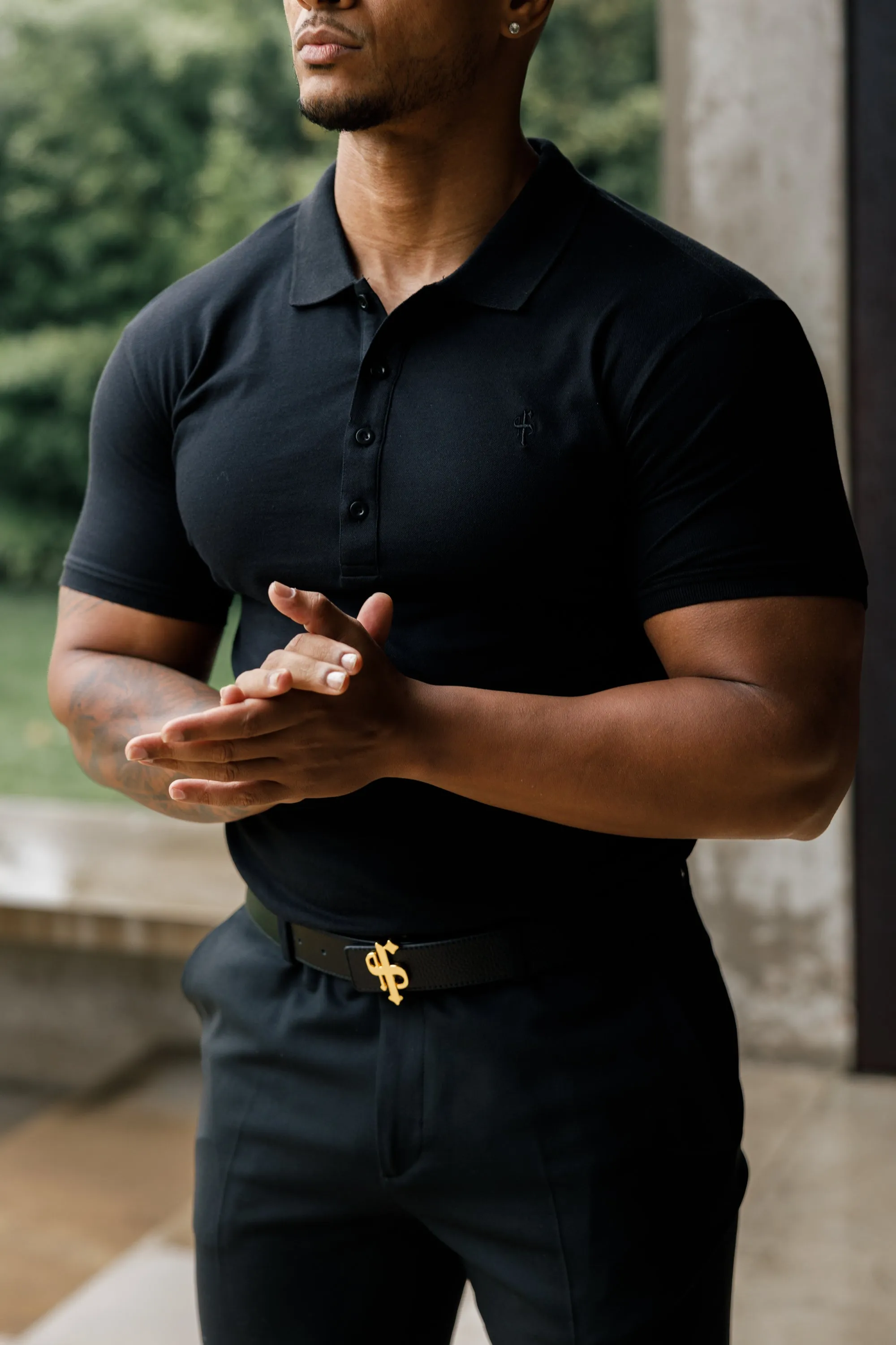 Father Sons Classic Black Polo Shirt with Tonal Button and Embroidery - FSH824