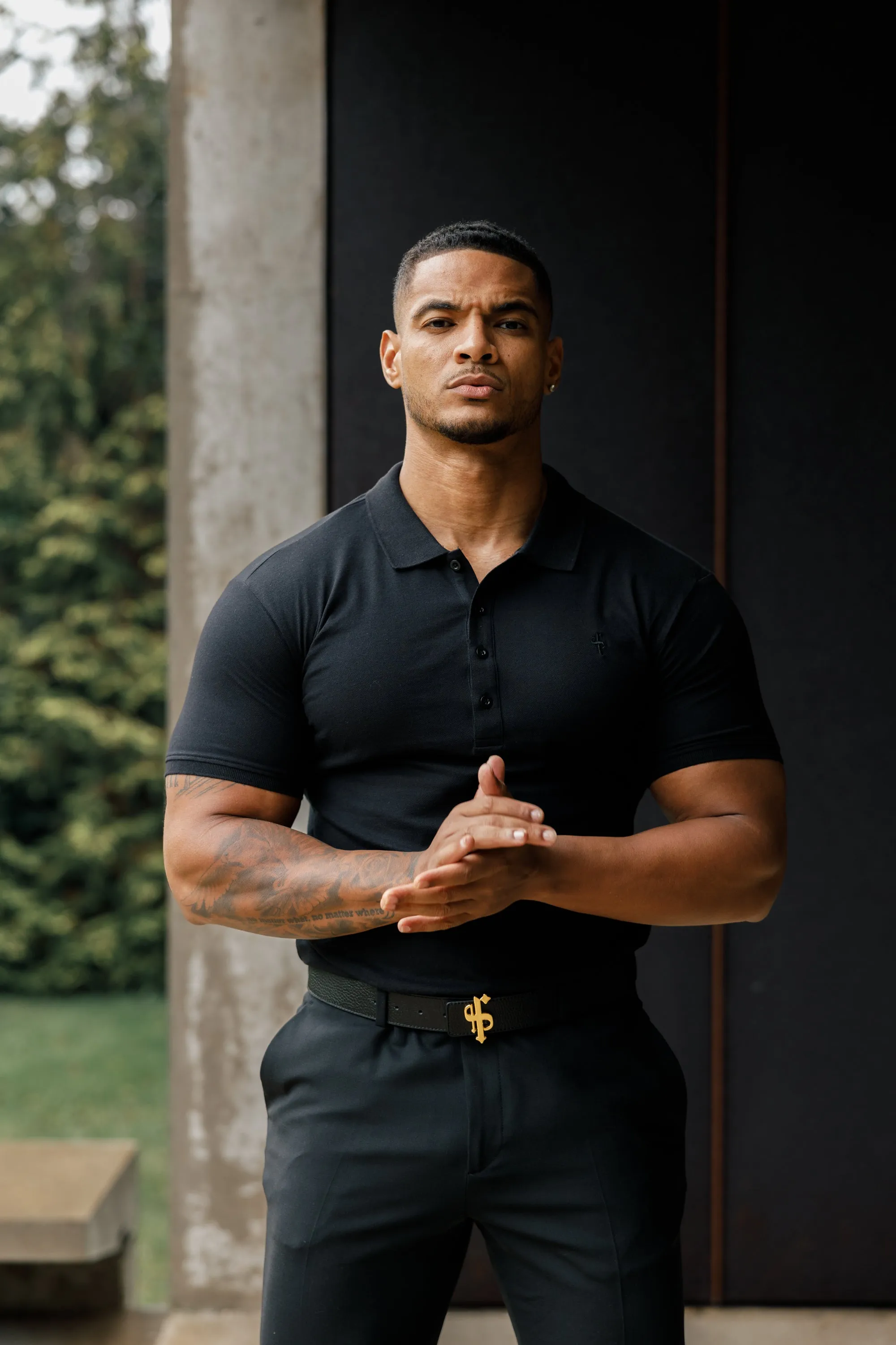 Father Sons Classic Black Polo Shirt with Tonal Button and Embroidery - FSH824