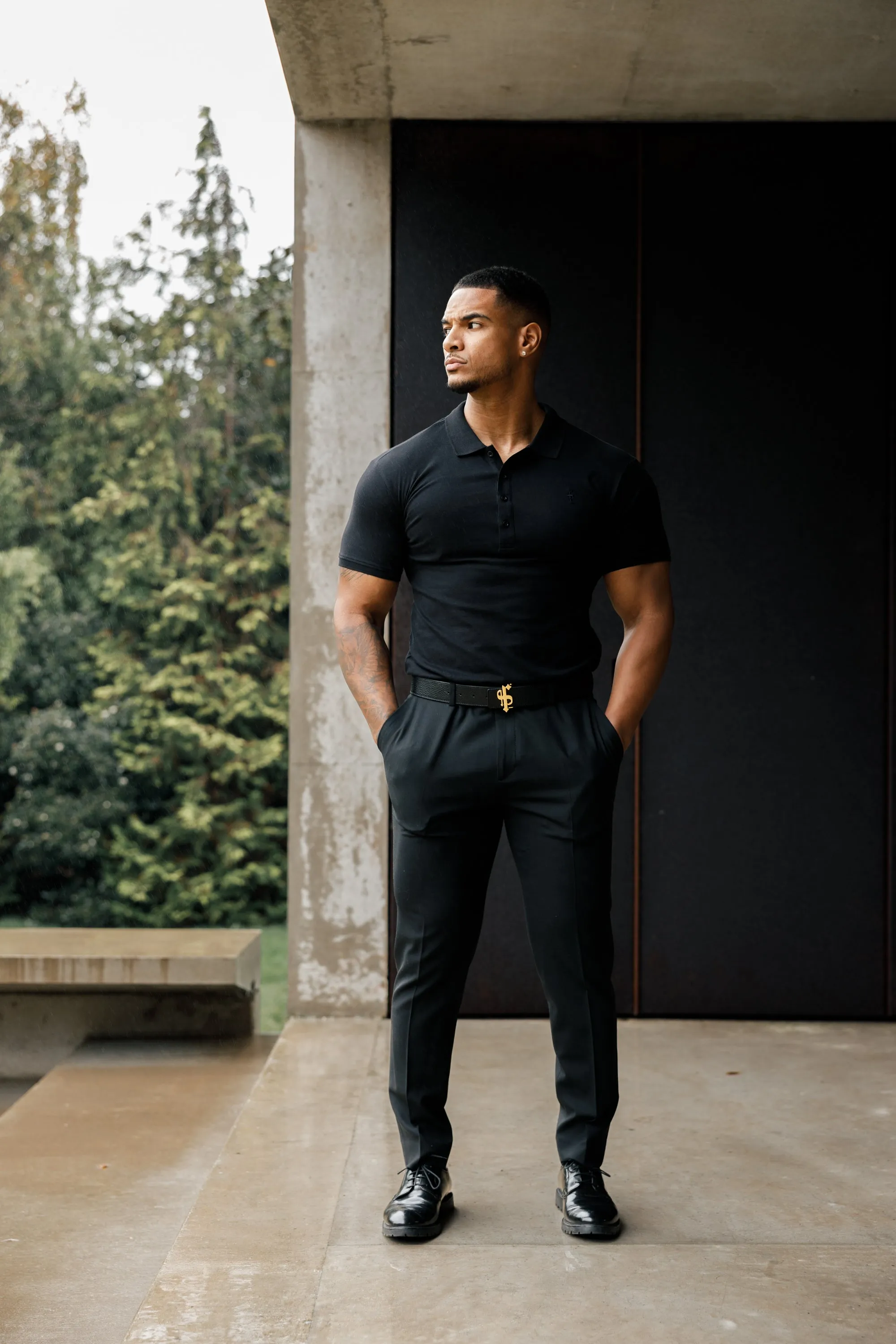 Father Sons Classic Black Polo Shirt with Tonal Button and Embroidery - FSH824