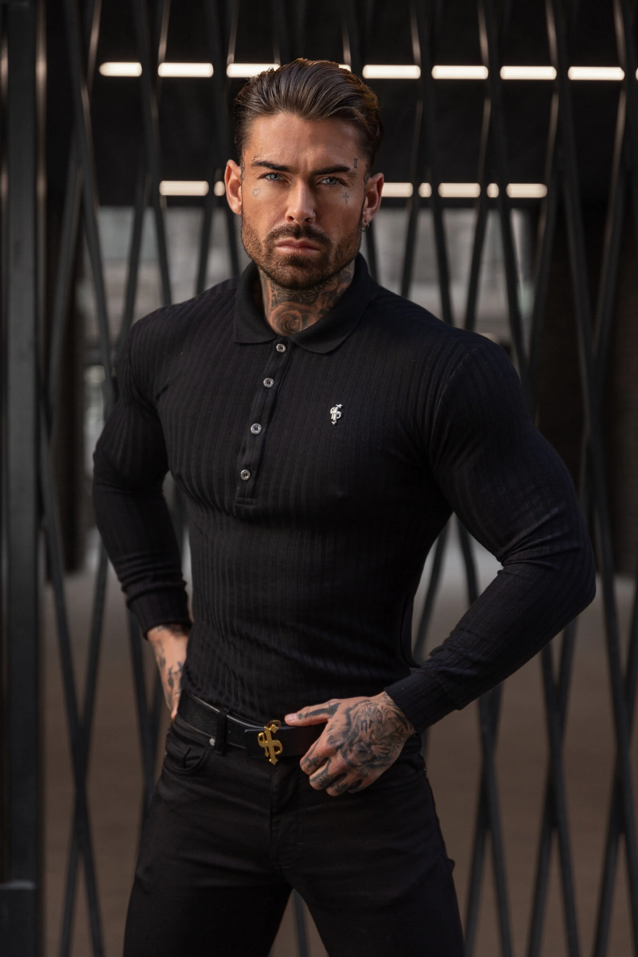 Father Sons Classic Black Ribbed Polo Shirt Long Sleeve With Silver Decal - FSH967