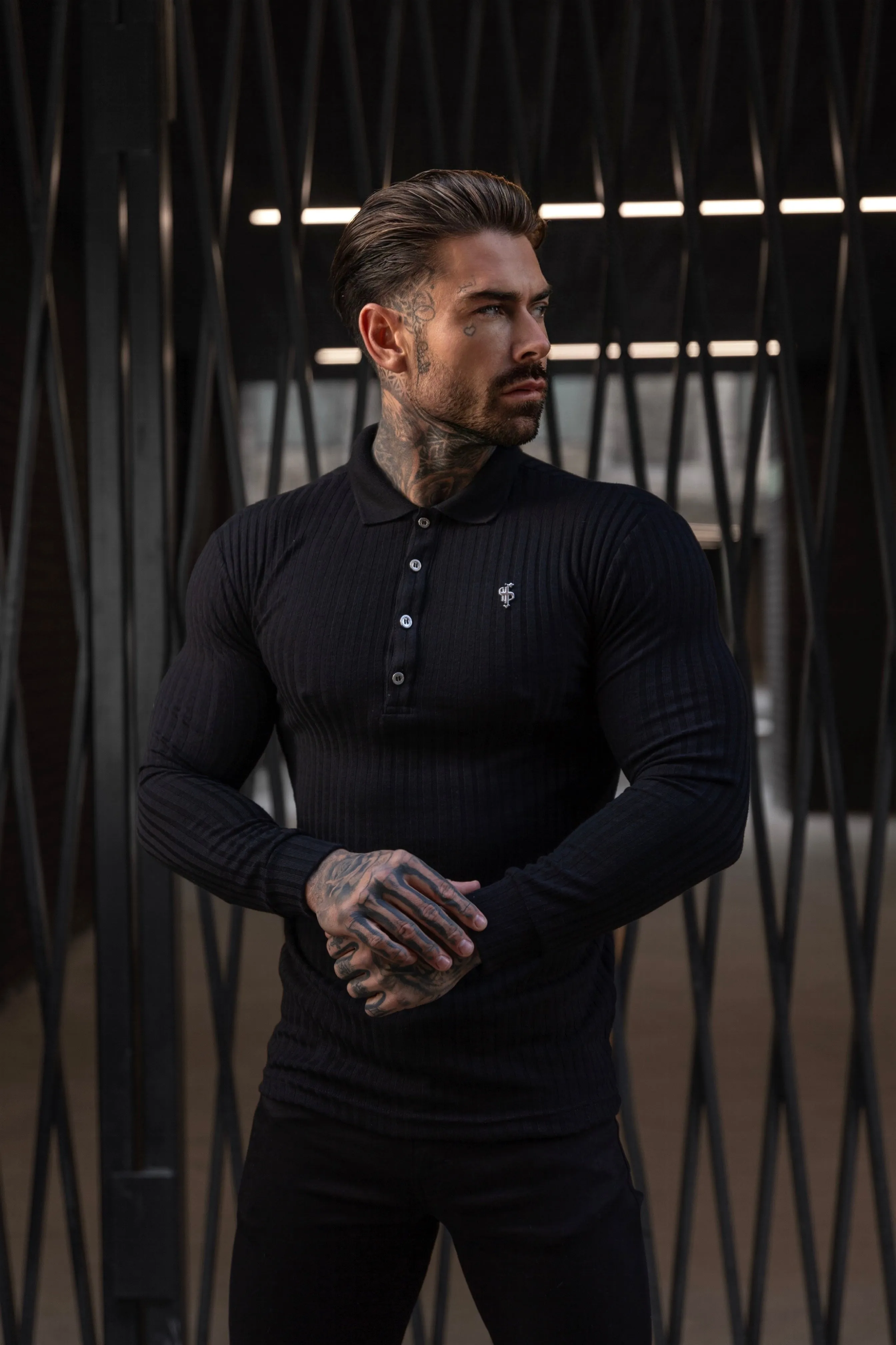 Father Sons Classic Black Ribbed Polo Shirt Long Sleeve With Silver Decal - FSH967