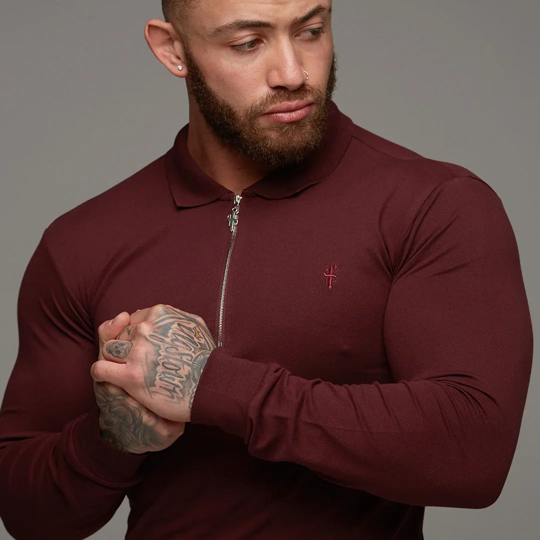 Father Sons Classic Burgundy Zipped Polo Long Sleeve Shirt - FSH022