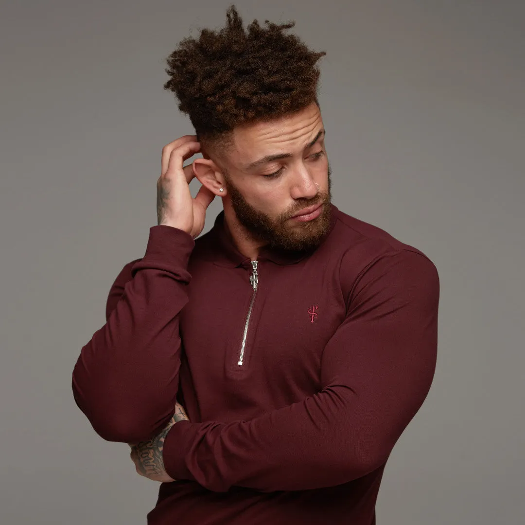 Father Sons Classic Burgundy Zipped Polo Long Sleeve Shirt - FSH022