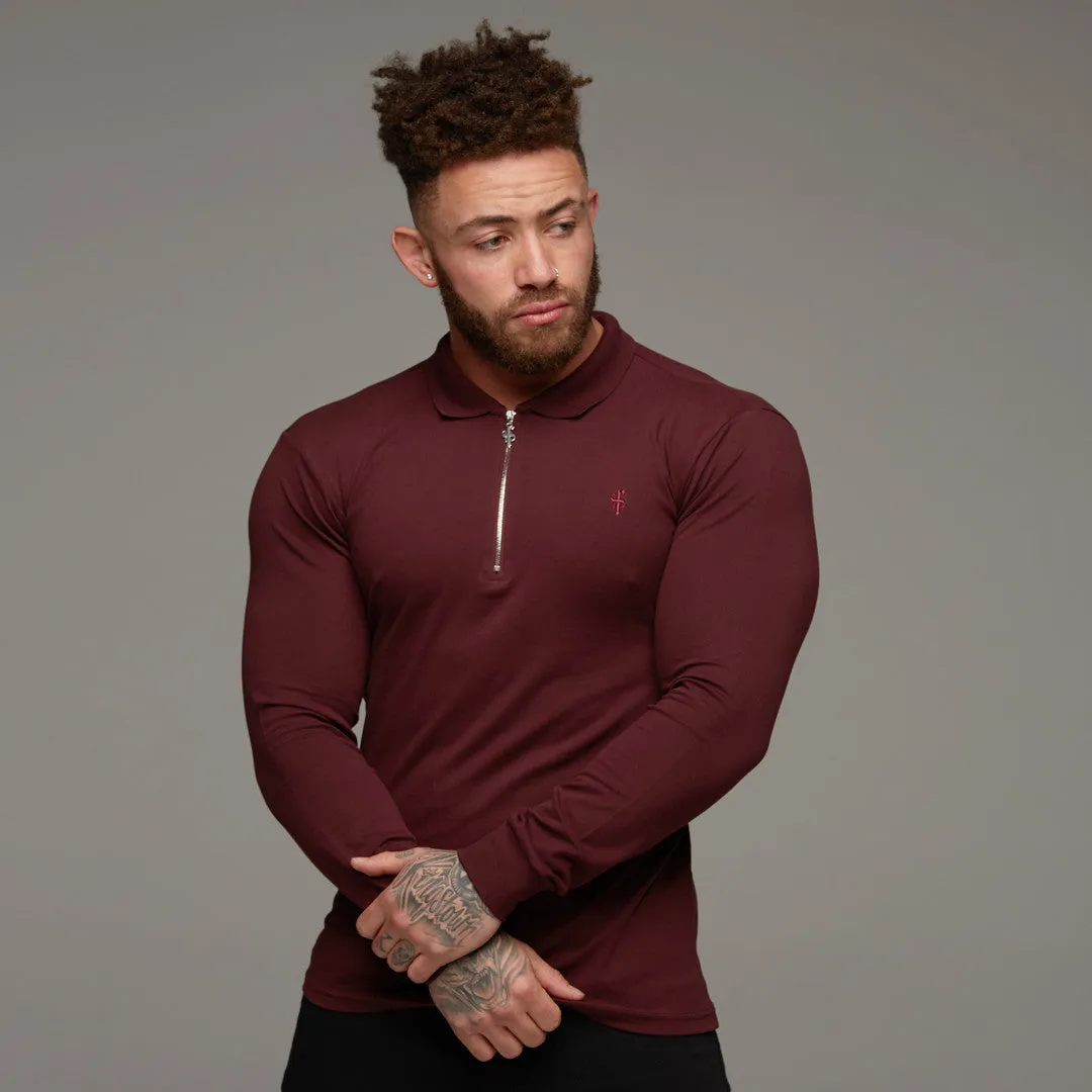 Father Sons Classic Burgundy Zipped Polo Long Sleeve Shirt - FSH022