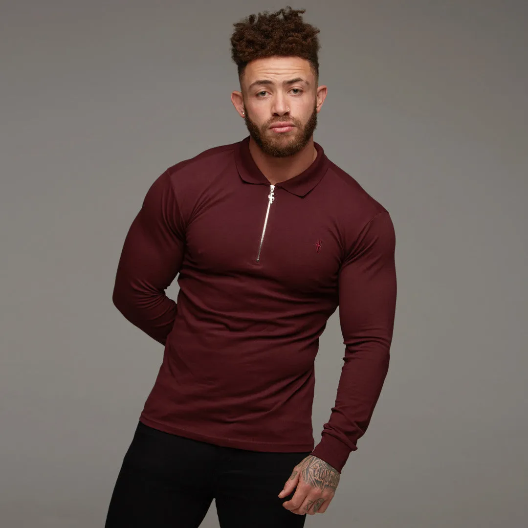 Father Sons Classic Burgundy Zipped Polo Long Sleeve Shirt - FSH022
