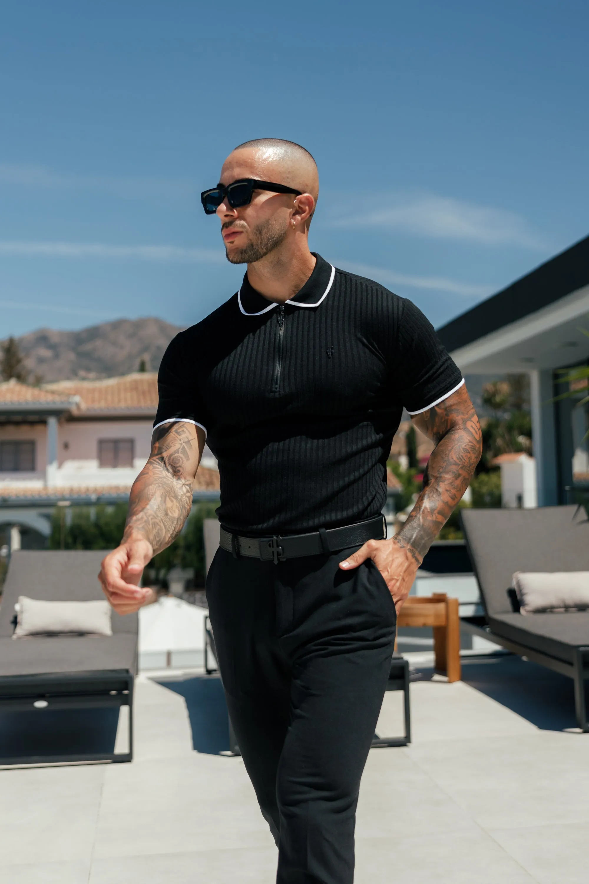 FS Classic Black Ribbed Zip Polo with Contrast Short Sleeve - FSH1103