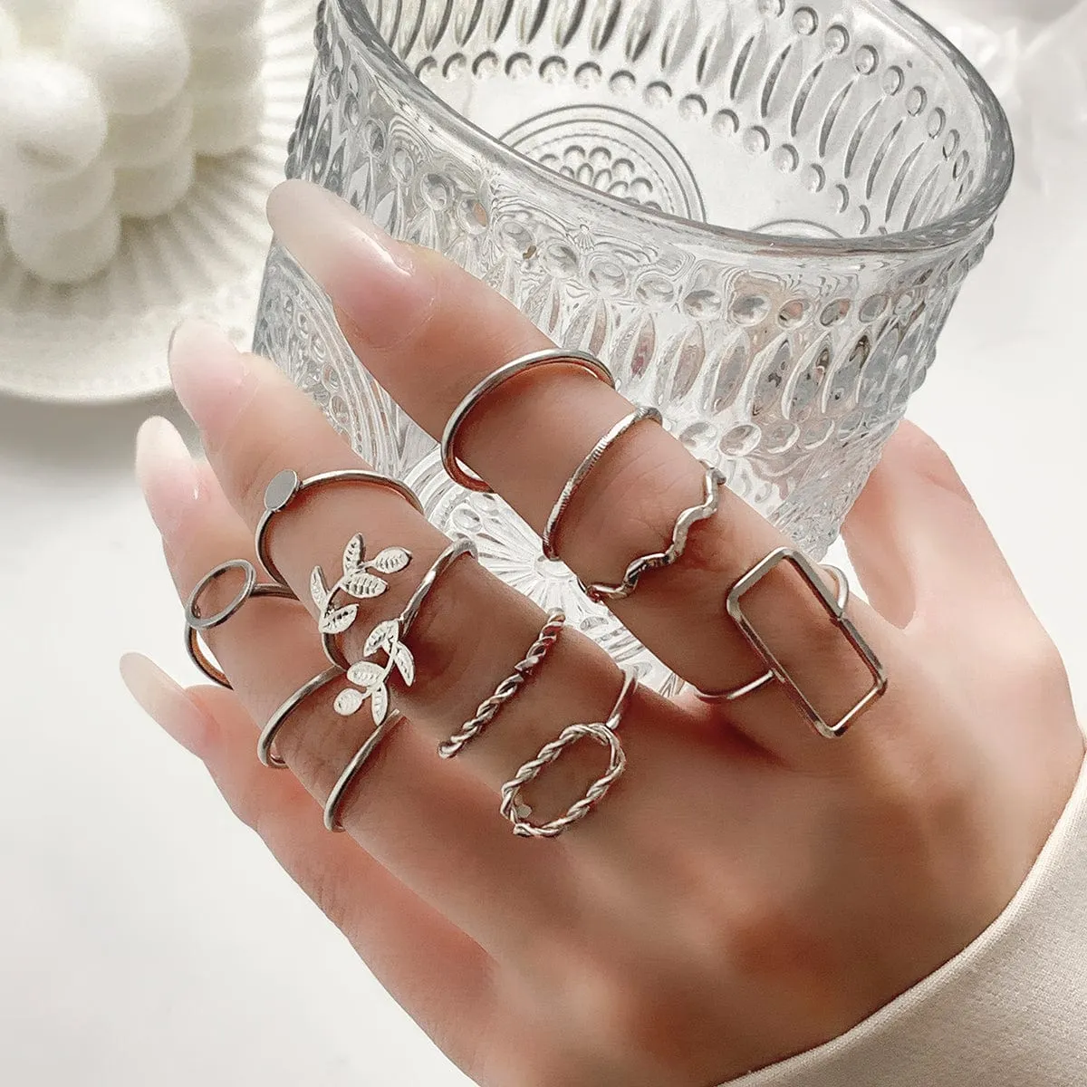 Geometric 11 Pieces Metallic Rings Set