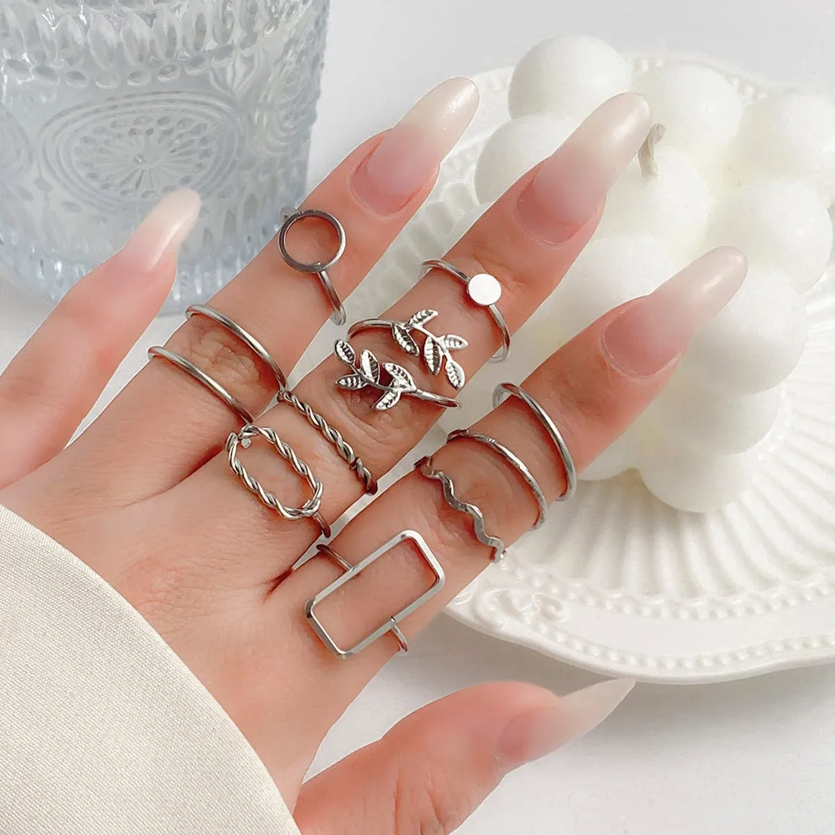 Geometric 11 Pieces Metallic Rings Set