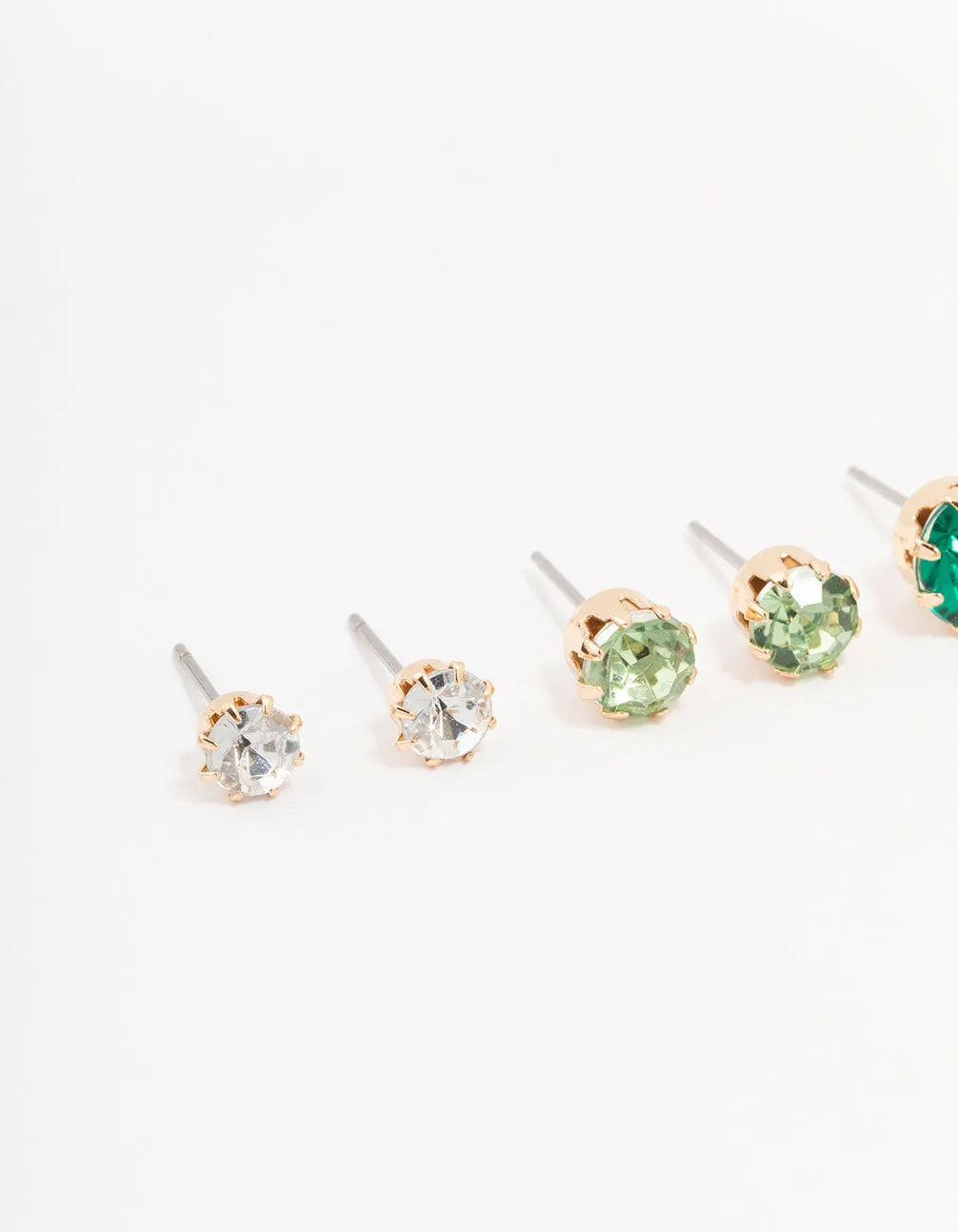 Gold Green Diamante Stud Earrings 3-Pack